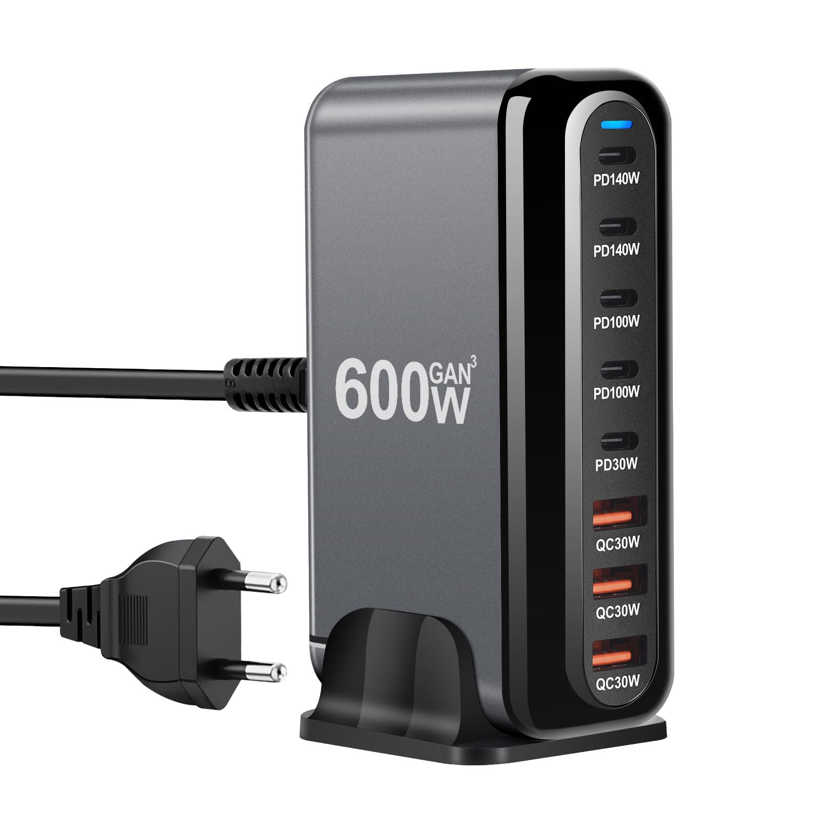 Caricatore Multiplo USB-C 600W 8 Porte, Nero