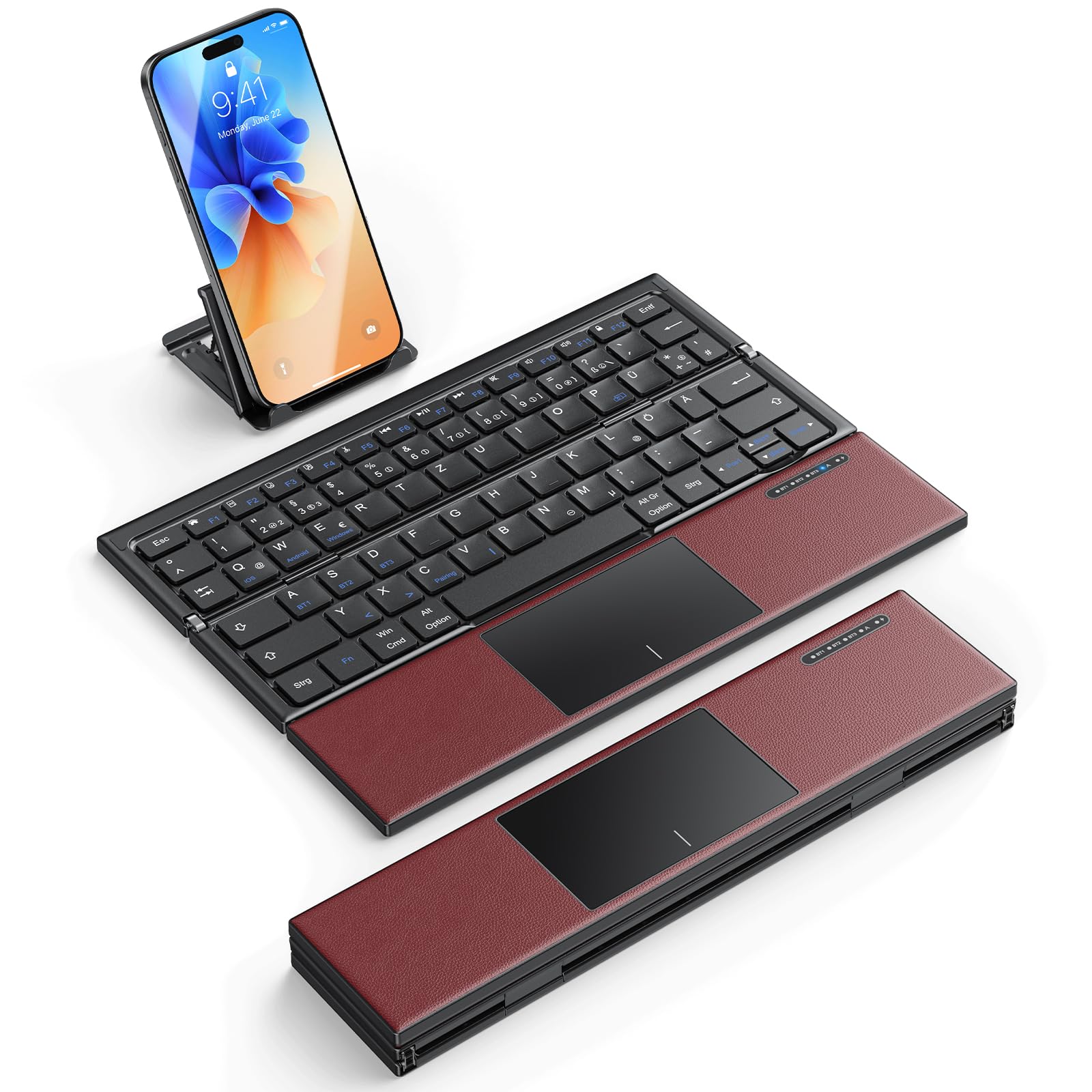 Omoton Tastiera Bluetooth Pieghevole con Touchpad, Rosso Bordeaux