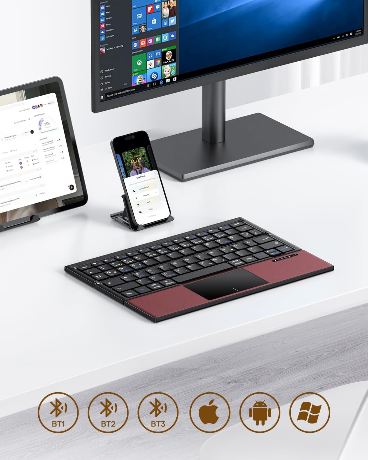 Omoton Tastiera Bluetooth Pieghevole con Touchpad, Rosso Bordeaux - immagine 2