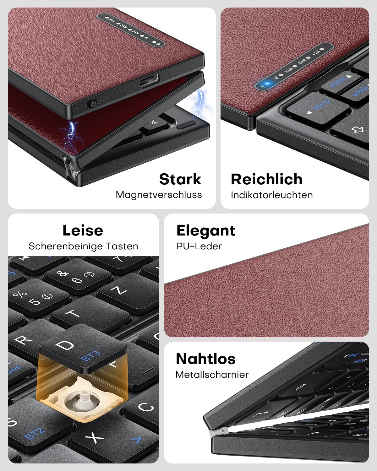 Omoton Tastiera Bluetooth Pieghevole con Touchpad, Rosso Bordeaux - immagine 4