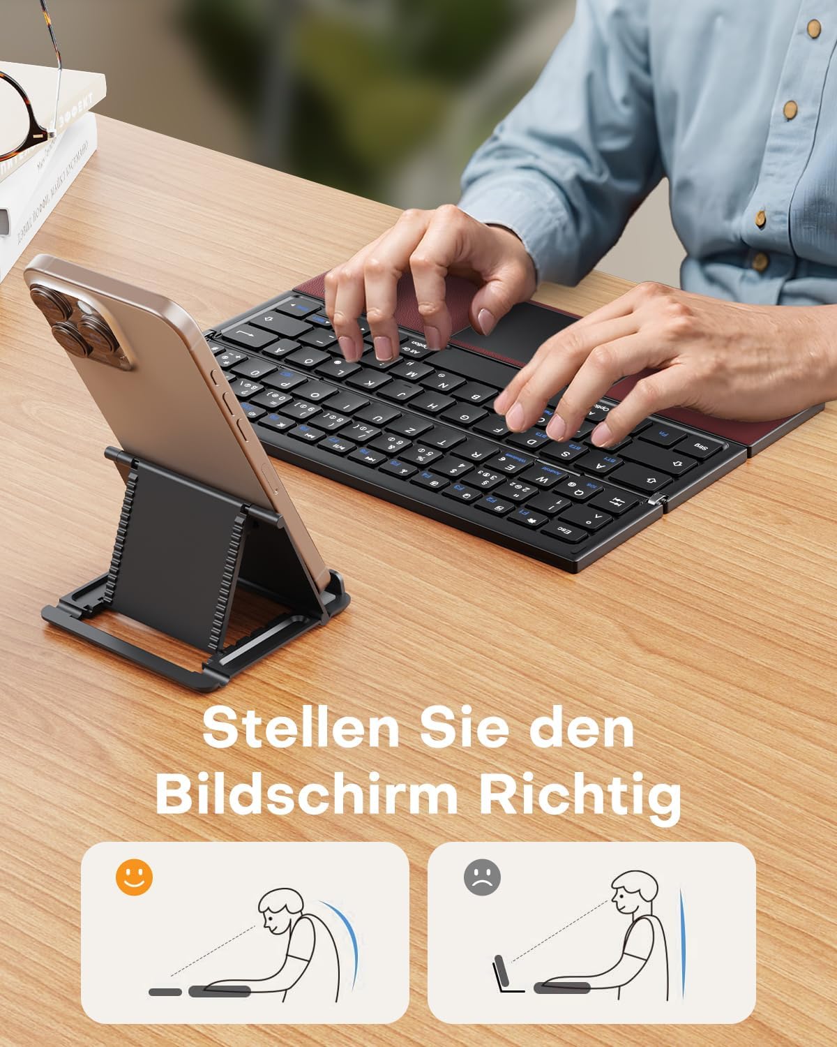 Omoton Tastiera Bluetooth Pieghevole con Touchpad, Rosso Bordeaux - immagine 6