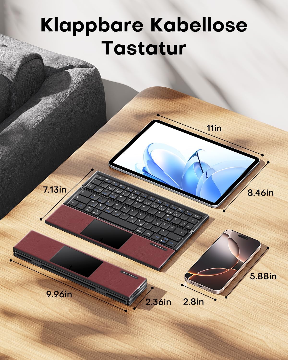 Omoton Tastiera Bluetooth Pieghevole con Touchpad, Rosso Bordeaux - immagine 8