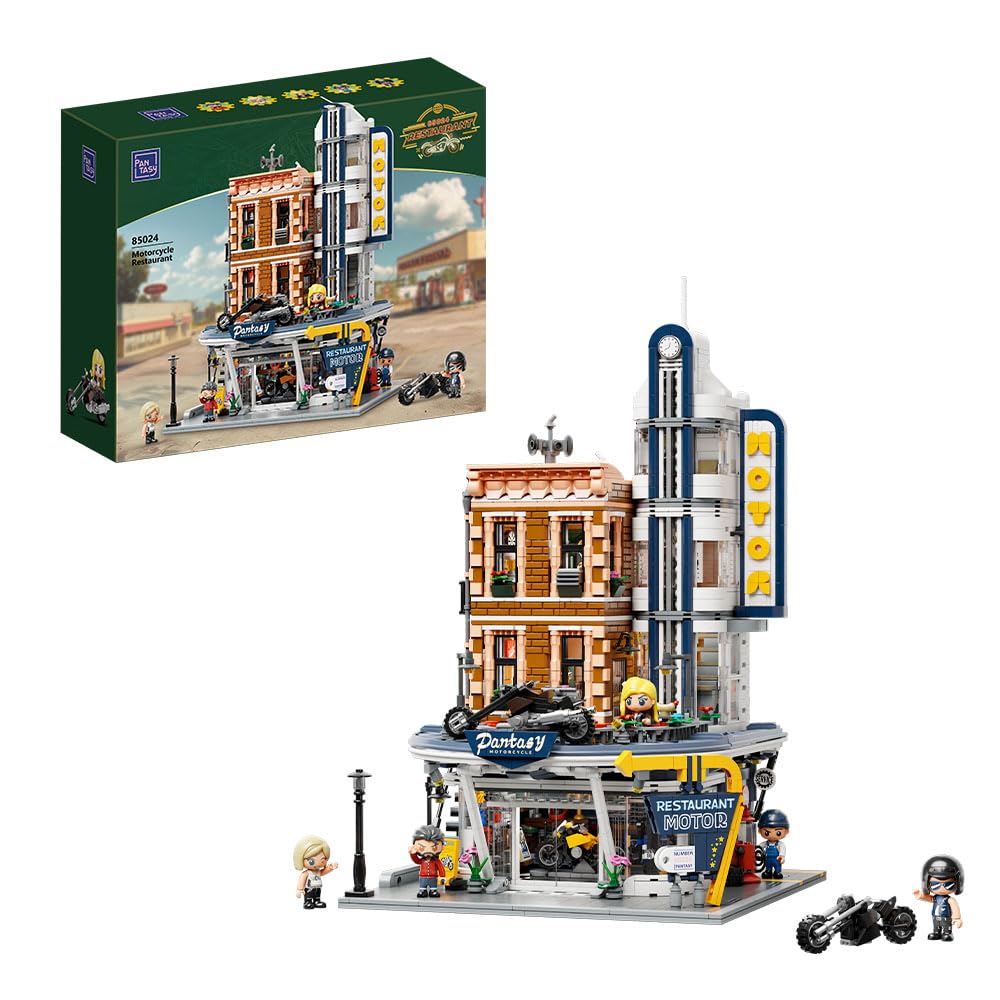 PAN TASY Kit di costruzione di motociclette PANTASY per adulti - Modello modulare da garage per caffè con meccanismo di guida per moto retrò, dettagli fucsia e figure originali, set di costruzione