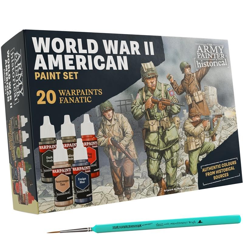 The Army Painter, Historical: WWII American Paint Set Combo, 20 x 18 ml Warpaints Fanatic: 14 acrylic, 4 Washes, 1 Effect, 1 Metallic & 1 Pennello - Vernici per miniature forze USA WWII
