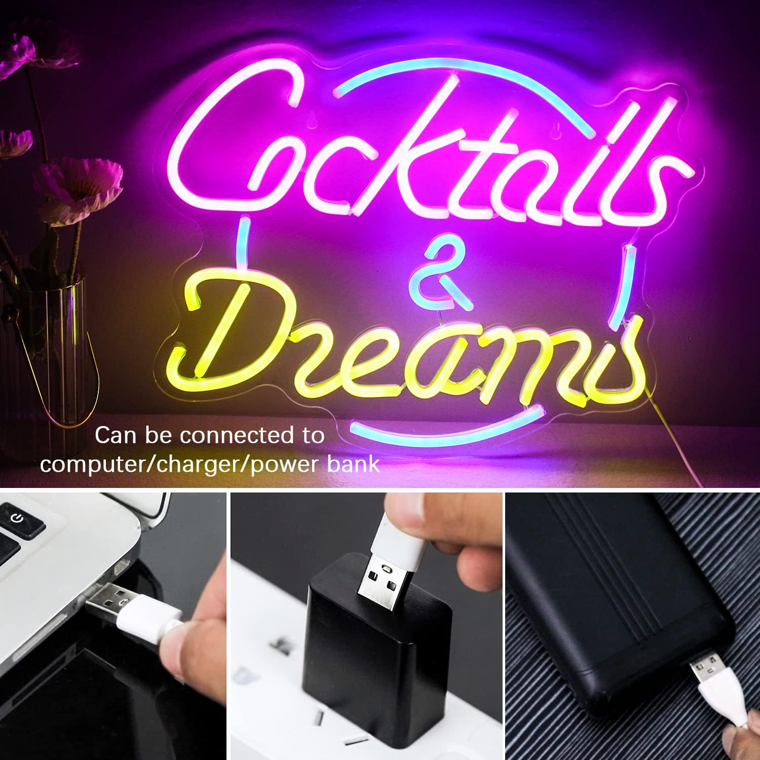 Wanxing Cocktail & Dream - Insegna Neon Rosa Blu USB - immagine 4