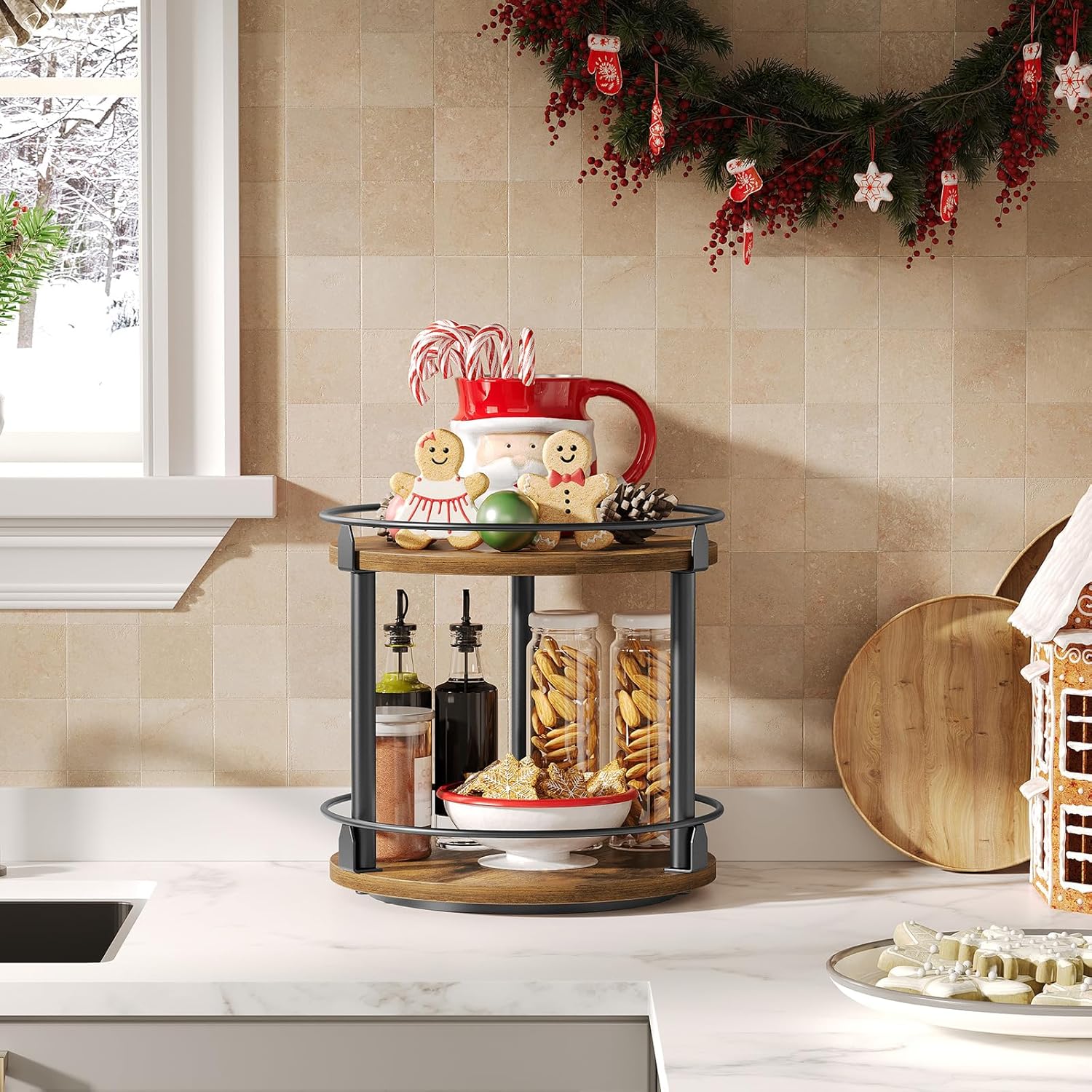 Portaspezie Girevole a 2 Livelli, Marrone Vintage e Nero - immagine 2