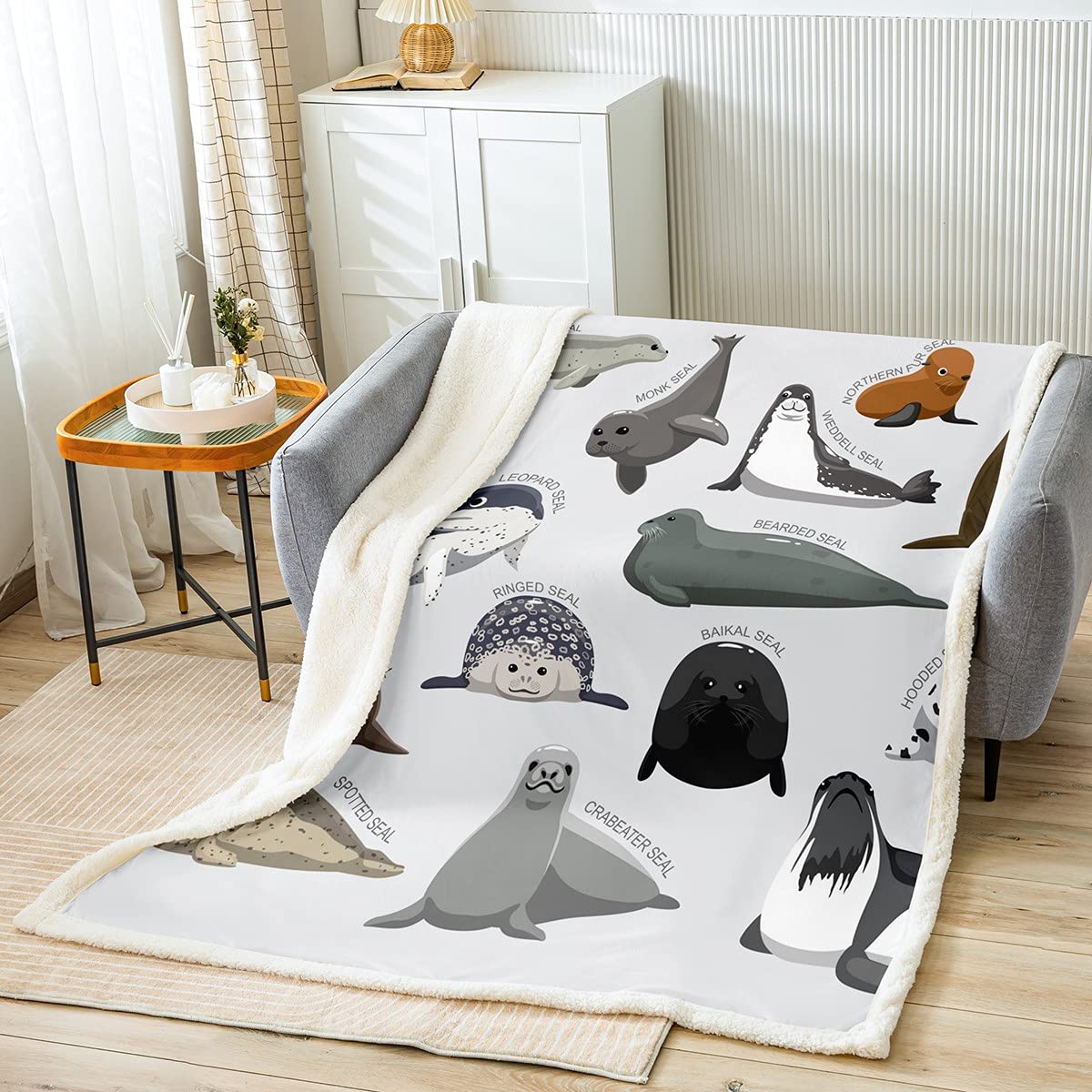 Coperta in pile per bambini, motivo: animali marini, per letto e ragazzi, creatura marina, coperta in sherpa per la collezione di sigilli, per camera da letto, matrimoniale, 150 x 179 cm