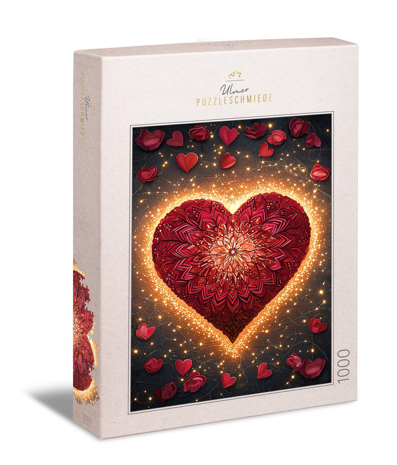 Ulmer Puzzleschmiede - Puzzle da 1000 pezzi con mandala a forma di cuore – simbolo dell'amore disegnato con petali di rosa in luci sottili – Puzzle per San Valentino – Made in Germany