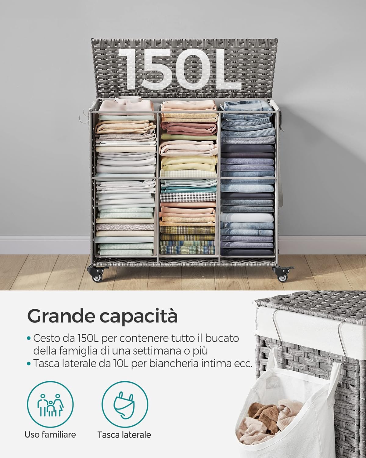 Songmics Cesto Portabiancheria 160L con Coperchio - immagine 6
