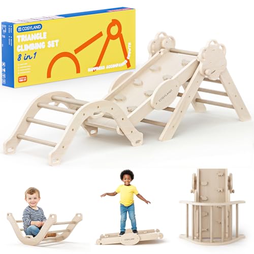 COSYLAND Set di Arrampicata 8 in 1 per Bambini – Triangolo Pikler e Arco Montessori Compatti con Scivolo, Struttura Pieghevole da Interno 18M–3A per Gioco Motorio e Arrampicata（Naturale）