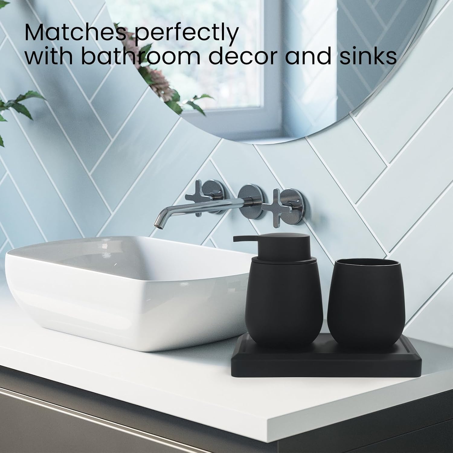 Set Bagno Nero - Dispenser Sapone, Portaspazzolino, Vassoio - immagine 3