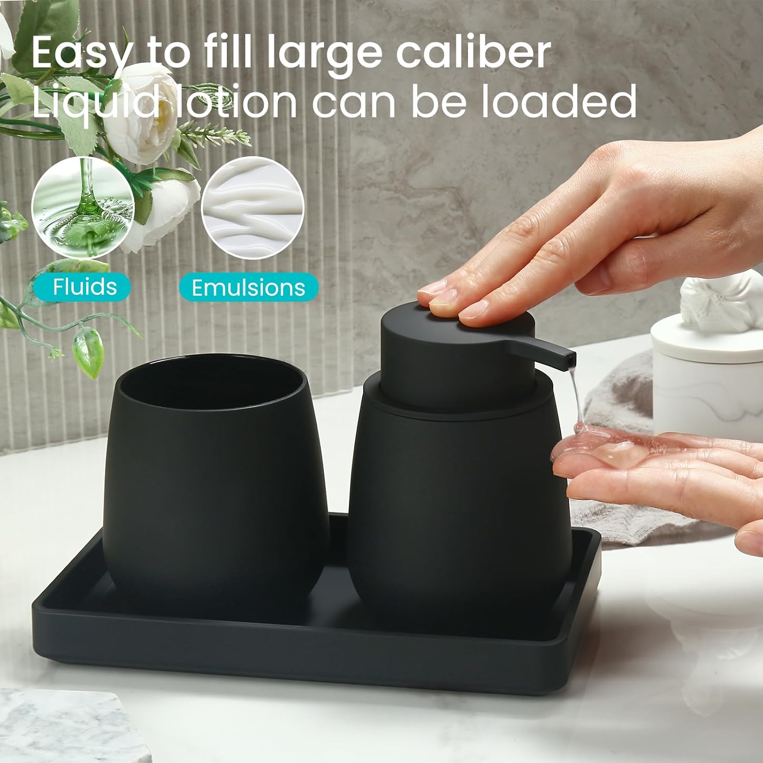 Set Bagno Nero - Dispenser Sapone, Portaspazzolino, Vassoio - immagine 4