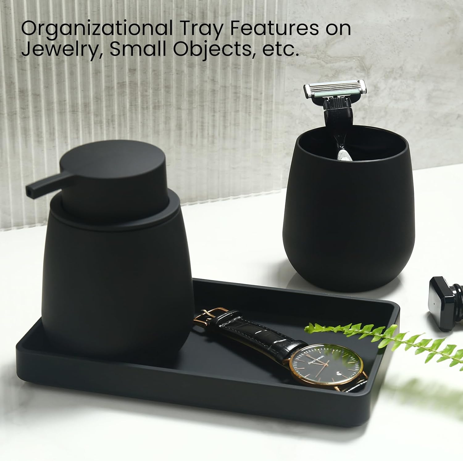 Set Bagno Nero - Dispenser Sapone, Portaspazzolino, Vassoio - immagine 6