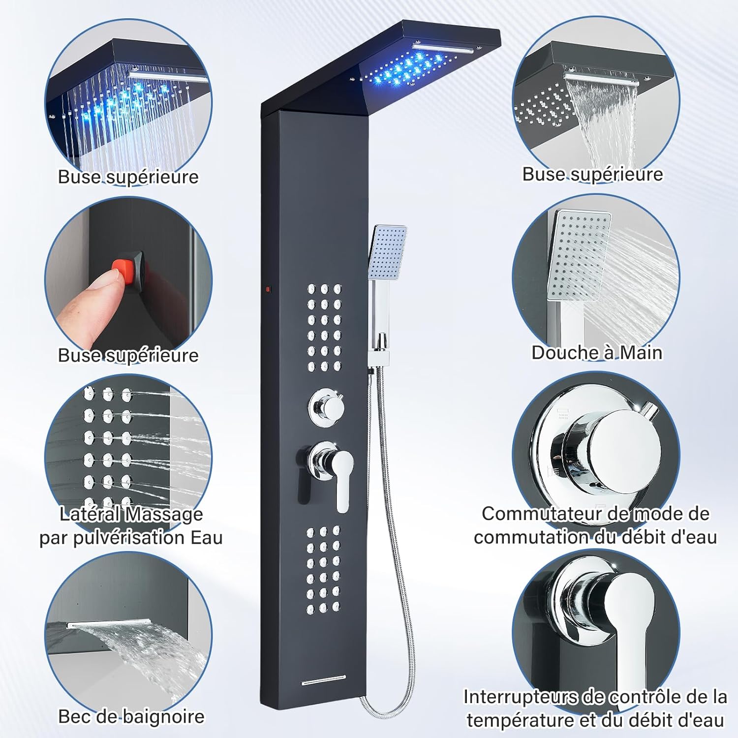 Colonna Doccia a LED con Miscelatore, 5 Modalità, Nero - immagine 4