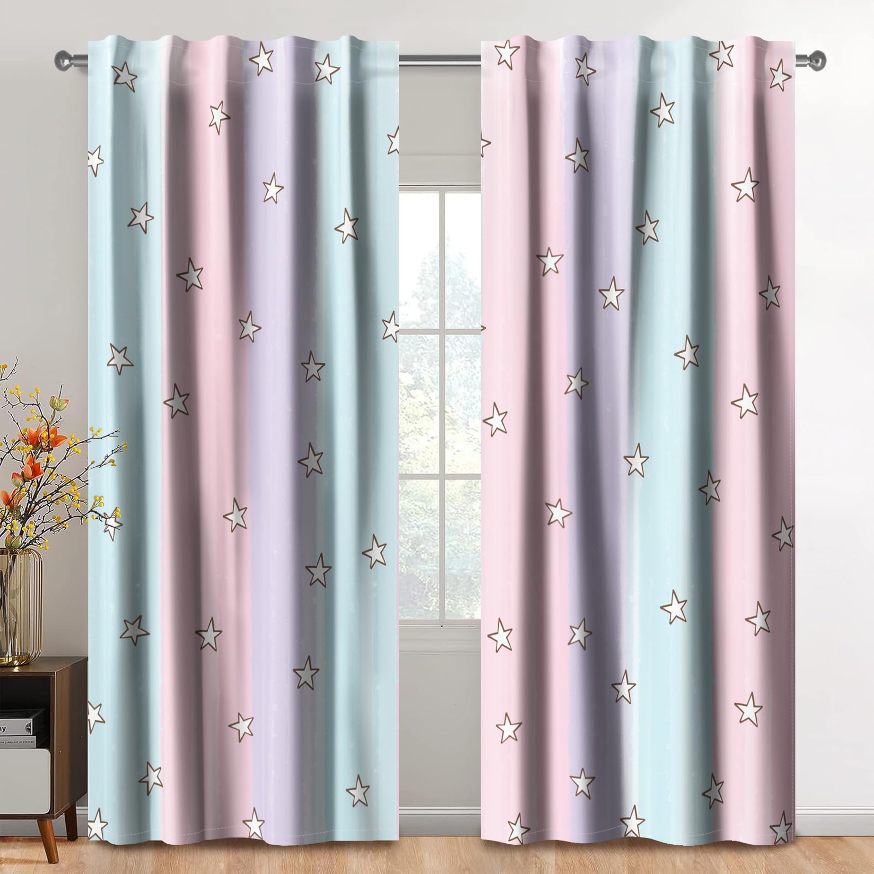 117x138cm Tende a Stelle Arcobaleno 2 Pannelli, Blu Rosa Viola Colore Giunto Eleganti Drappeggiate da Sogno per Ragazze Camera da Letto Soggiorno