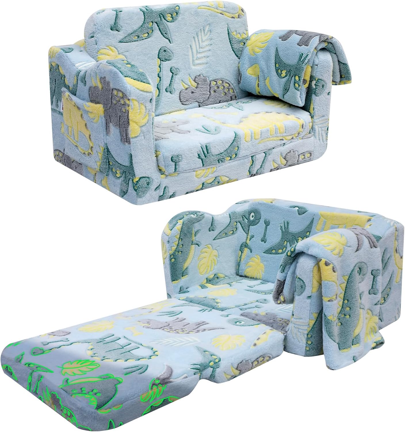Memorecool Divano Pieghevole per Bambini 2 in 1, Dinosauro Blu