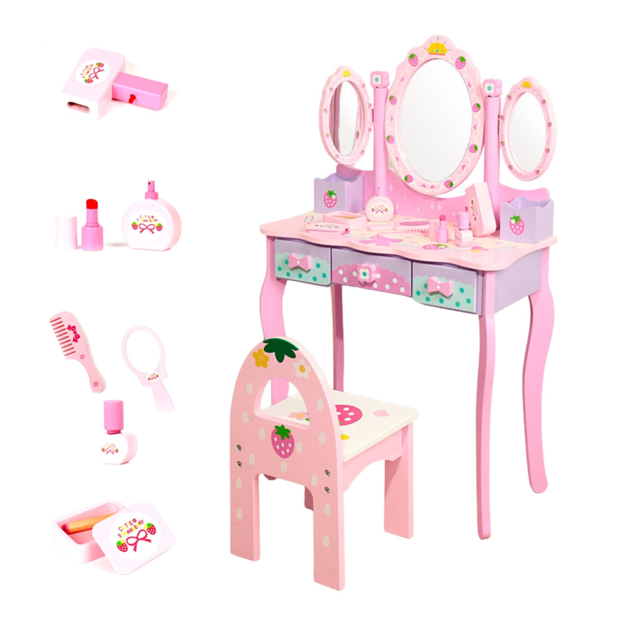 Toeletta per Bambini in Legno con Sgabello e Cassetti