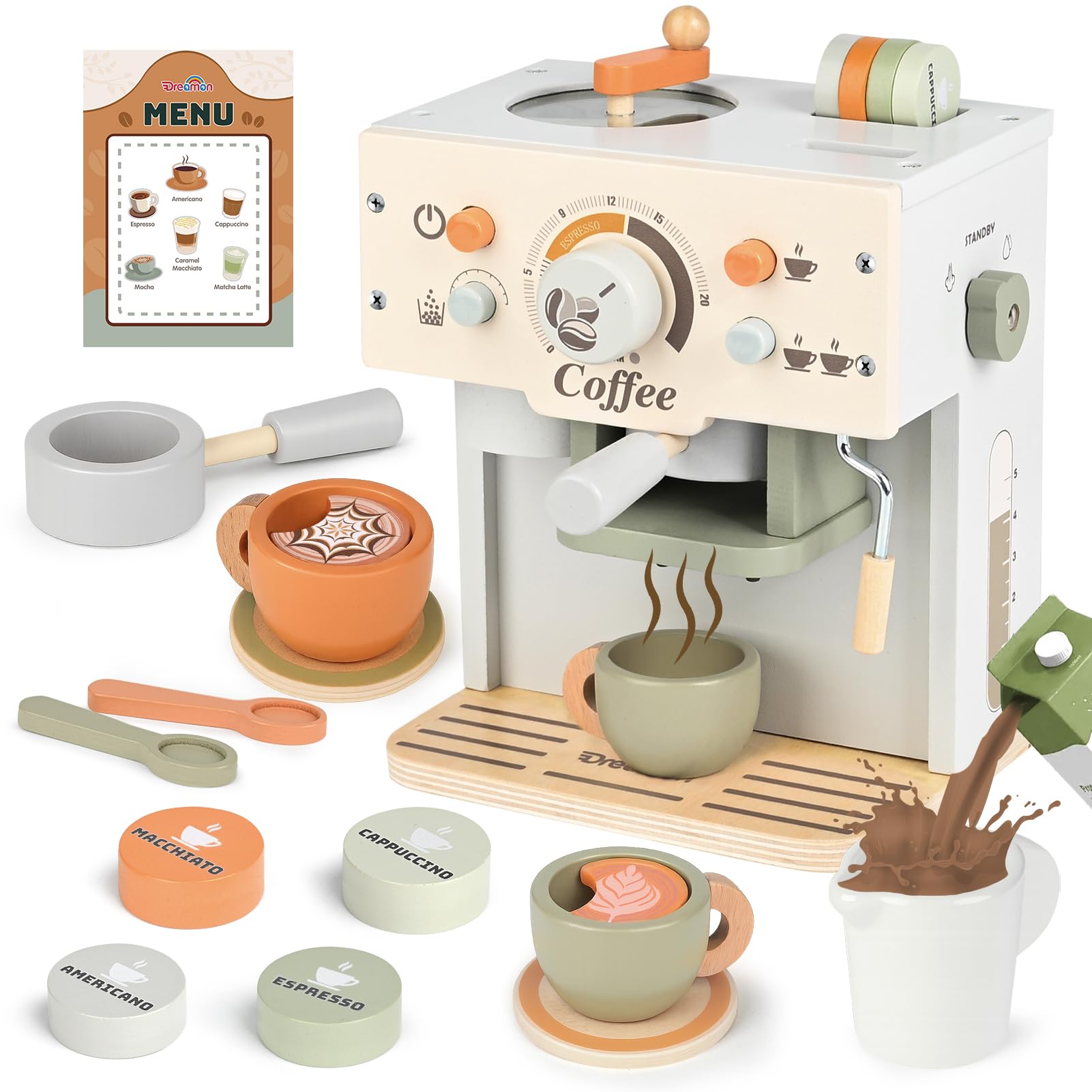 Dreamon Caffettiera in Legno per Bambini, Set Tè per Bambini Piccoli, Set Cibi Finti con Accessori Cucina, Negozio Giocattoli per il Giochi di Ruolo per Piccoli di 3-5 Anni