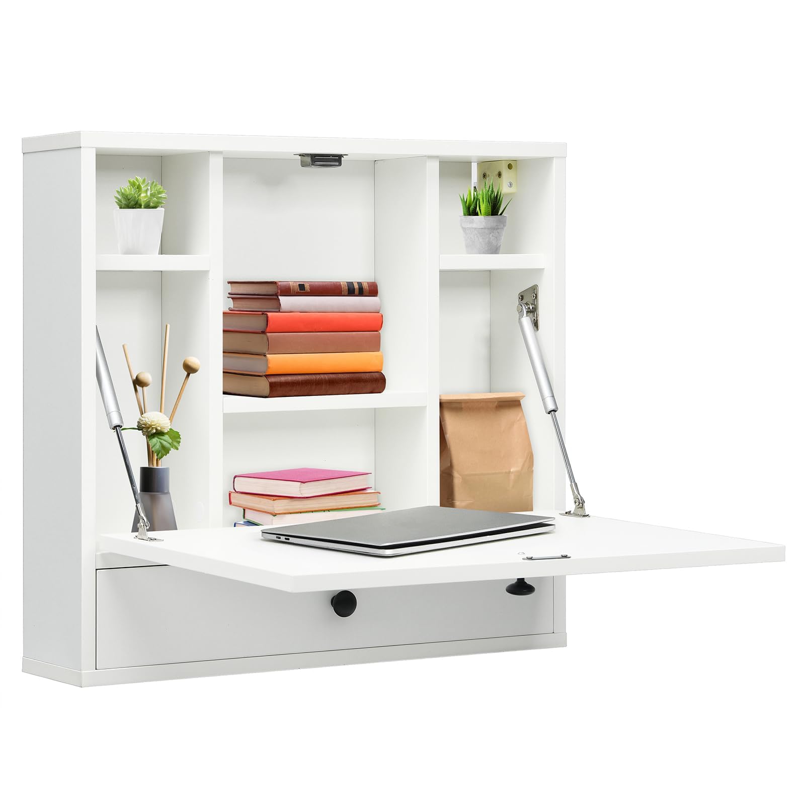 FANTASK Scrivania, scrivania pieghevole per computer con ripiani e cassetto, pieghevole da parete, per casa, ufficio e piccoli spazi (bianco)