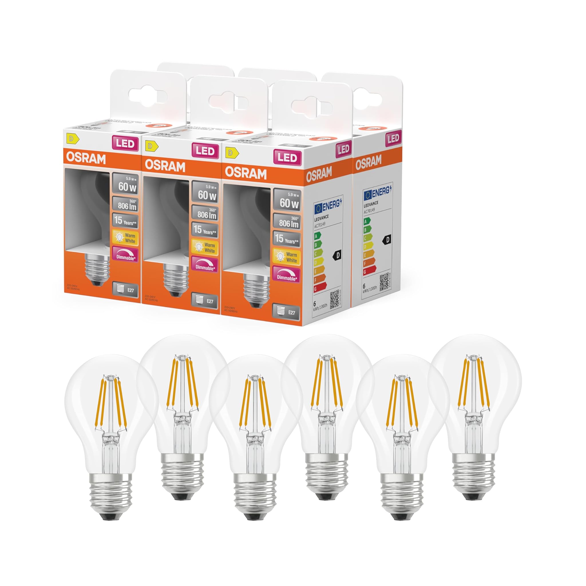 Osram Lampada LED Superstar A60 filamento dimmerabile, 6-Pack