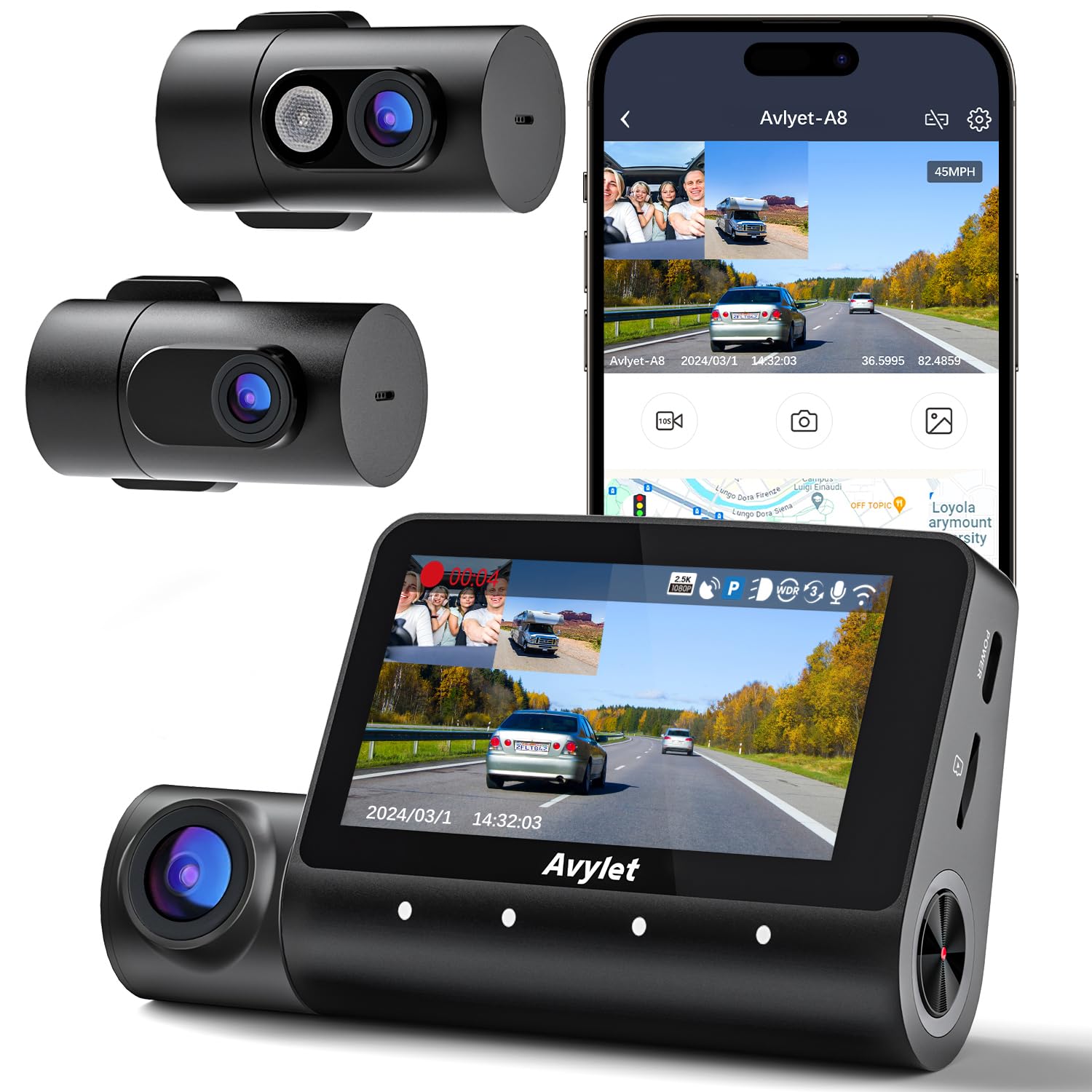 Avylet Dash Cam Auto 5K 3 Canali con Wi-Fi e GPS