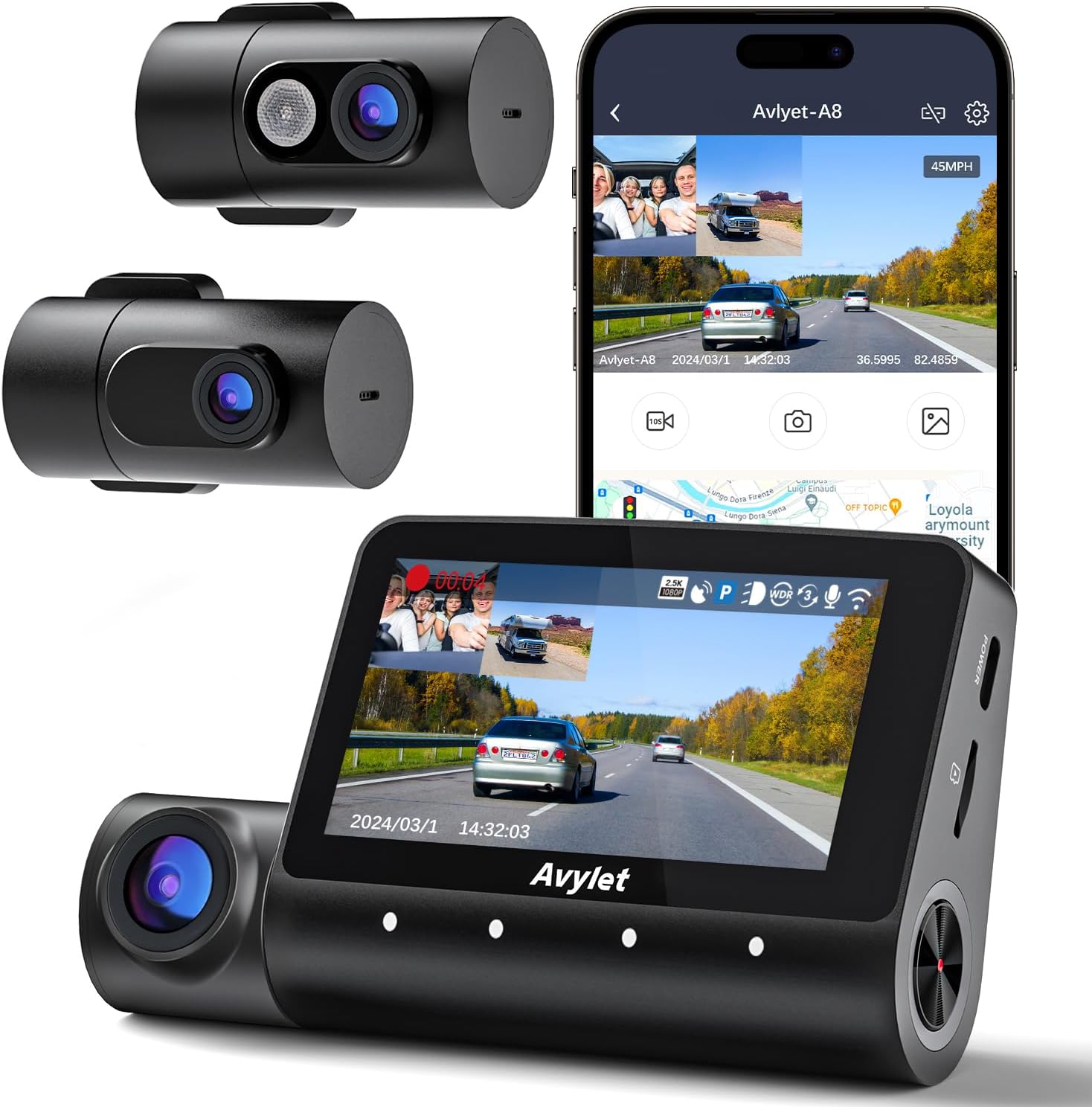 Avylet Dash Cam Auto 5K 3 Canali con Wi-Fi e GPS - immagine 1