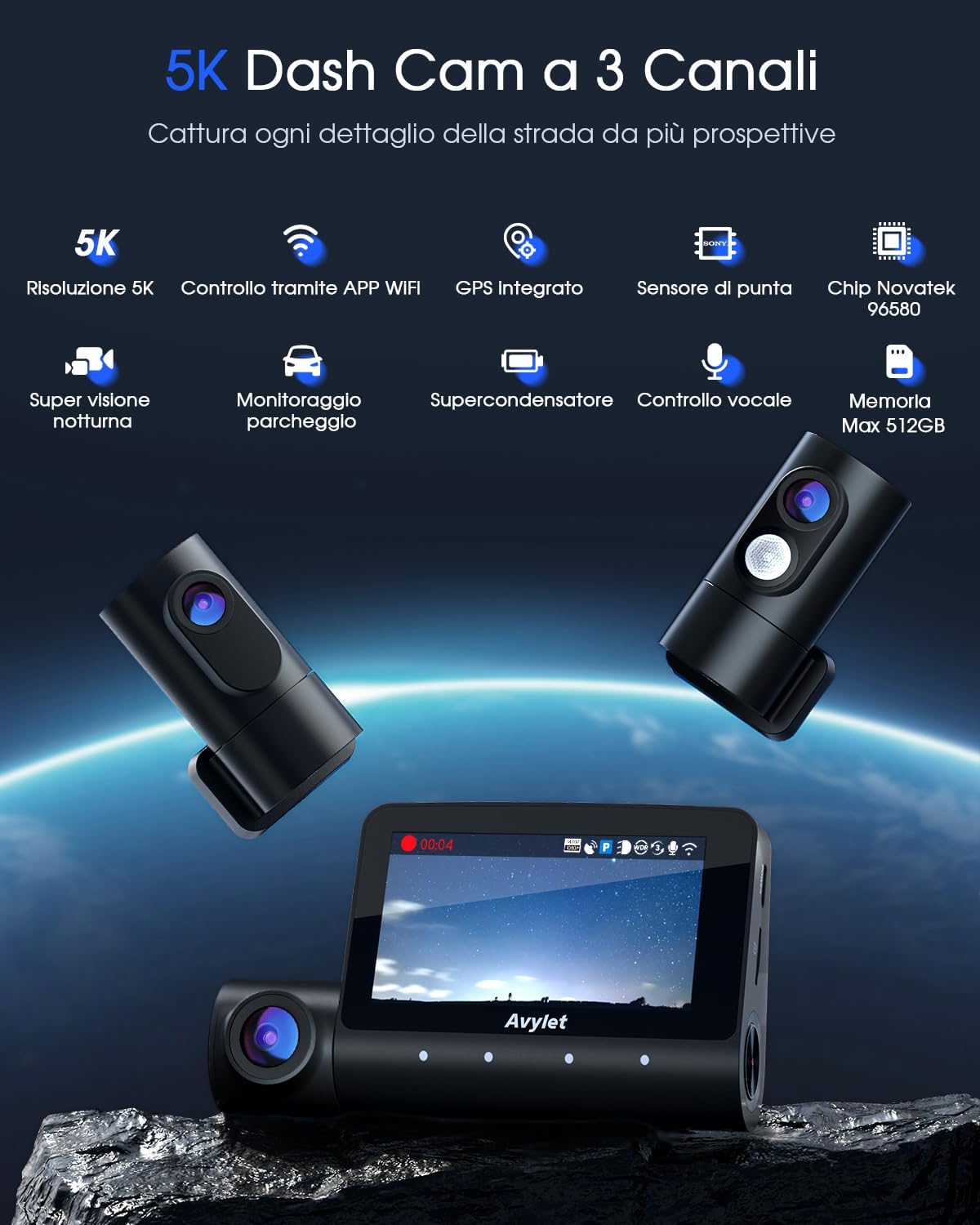 Avylet Dash Cam Auto 5K 3 Canali con Wi-Fi e GPS - immagine 2