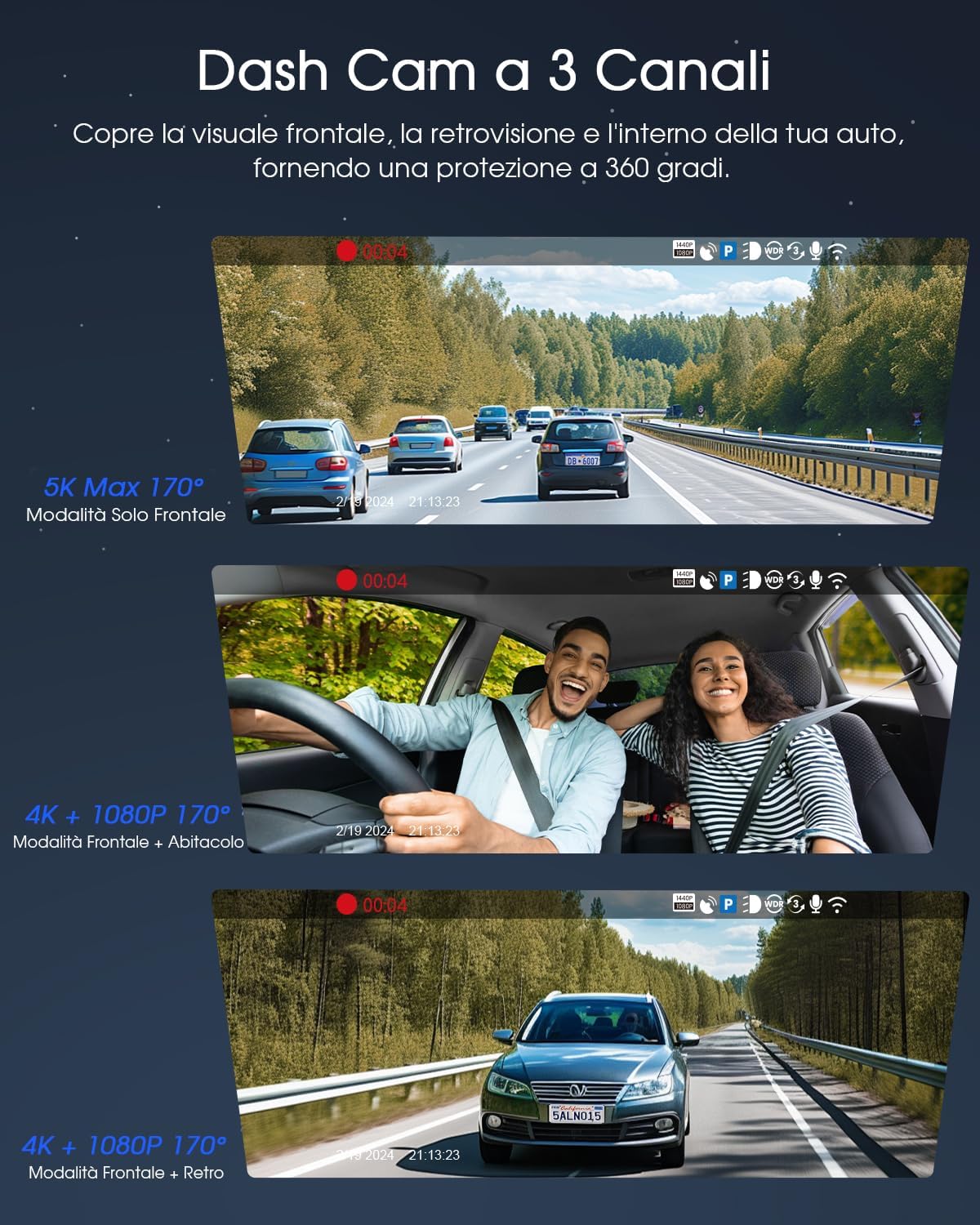 Avylet Dash Cam Auto 5K 3 Canali con Wi-Fi e GPS - immagine 3