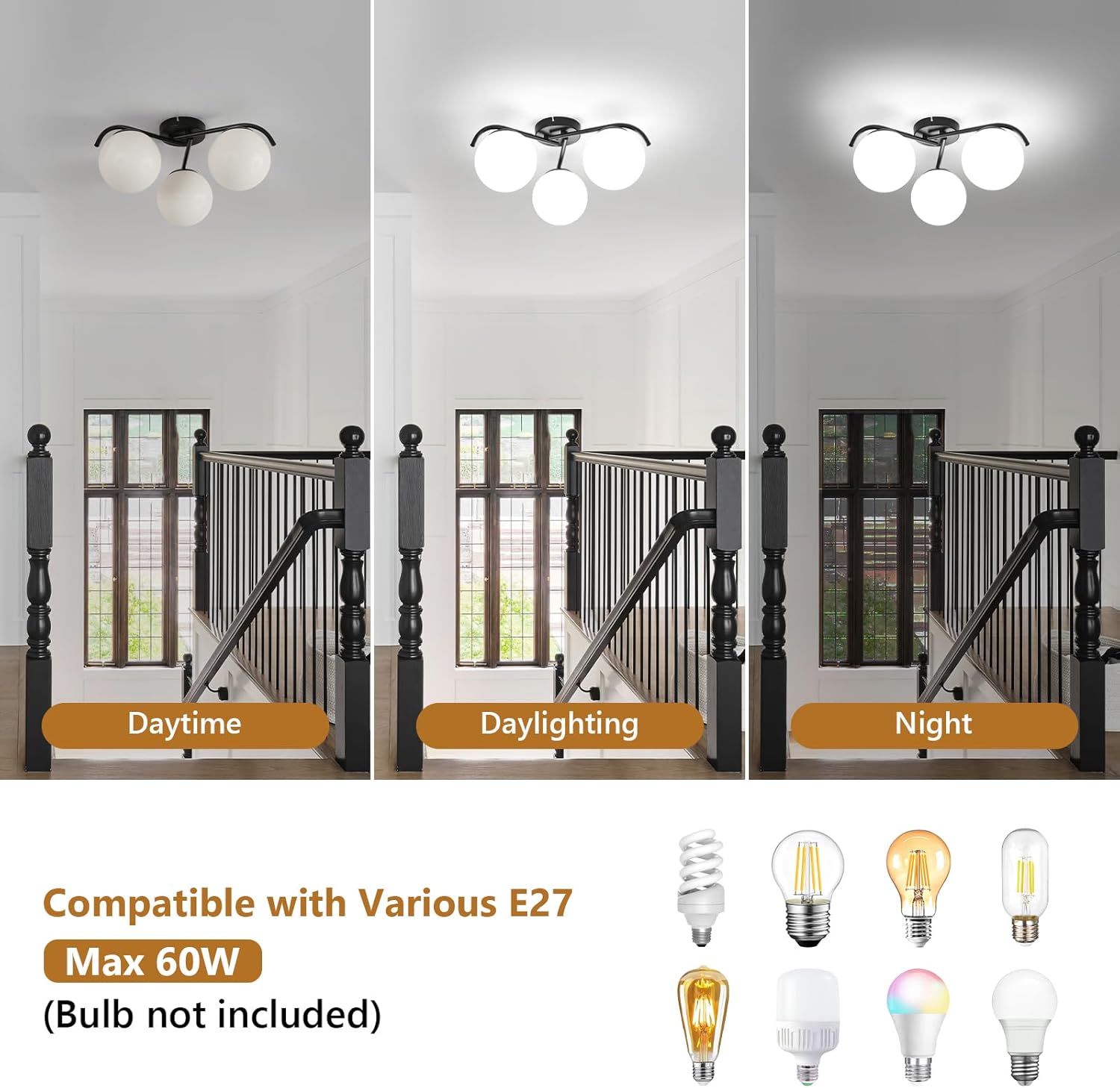 Lampada da Soffitto E27 Moderna a 3 Luci, Nero - immagine 5