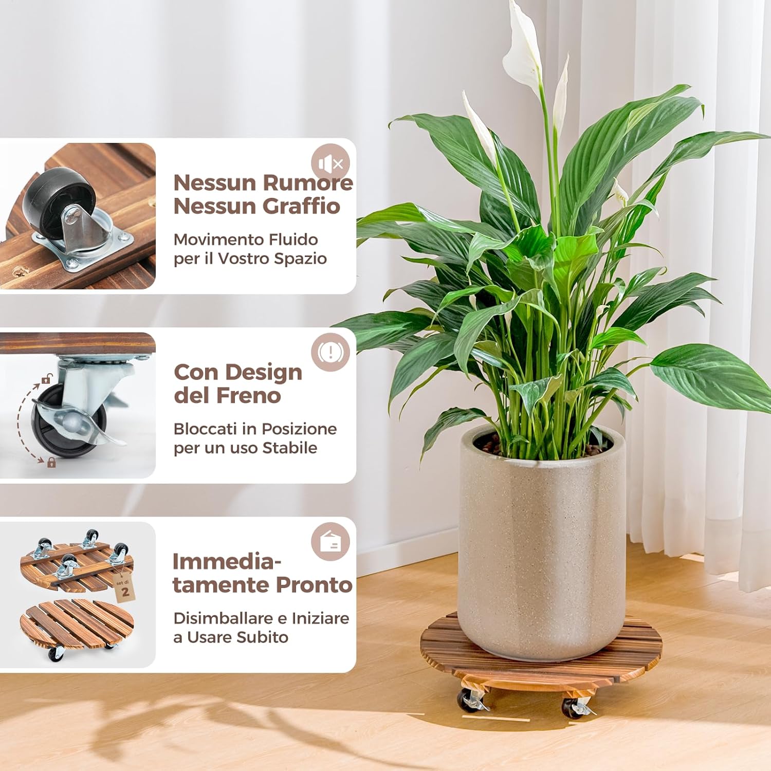 Bamworld Porta Piante da Interno con Ruote - Set 2 - immagine 2