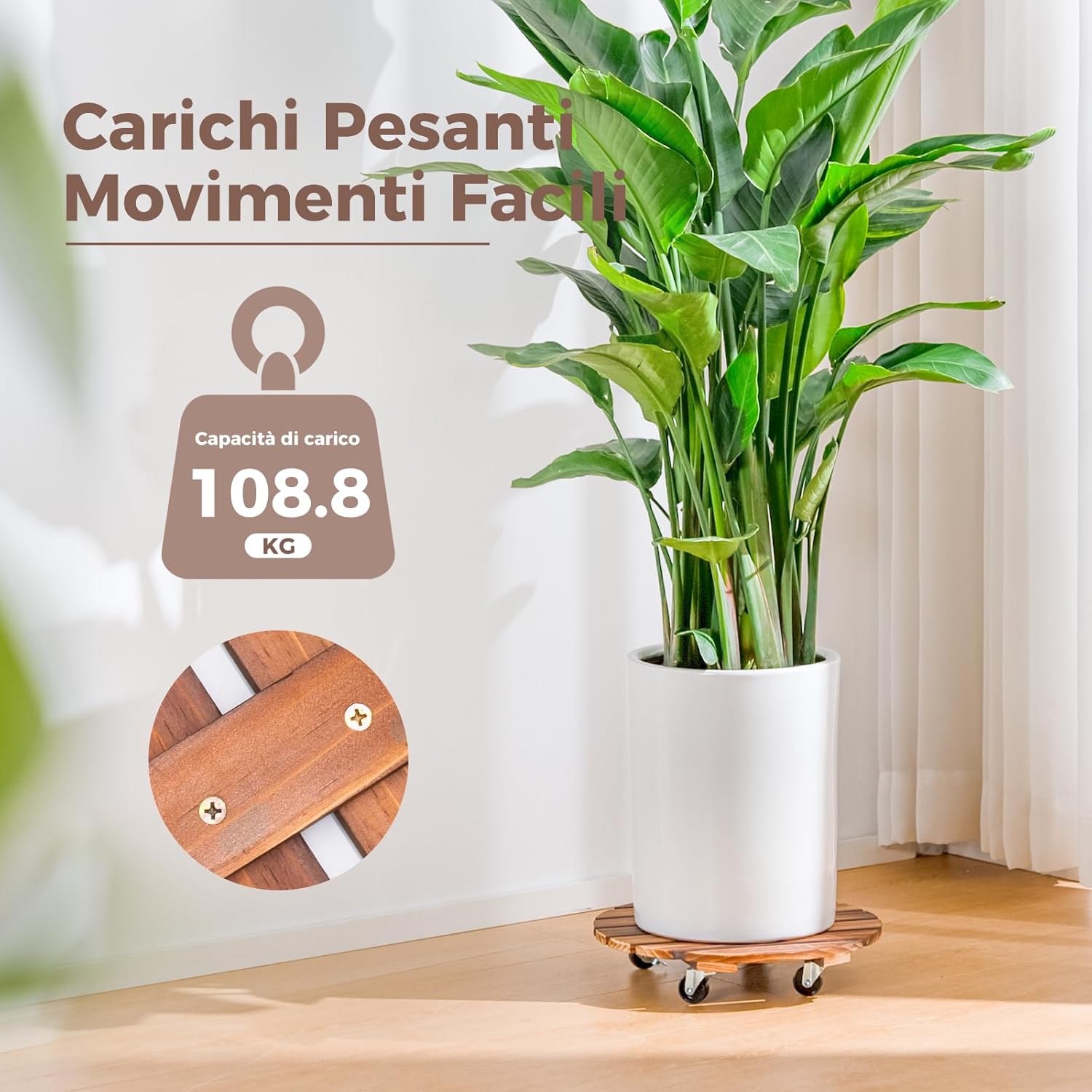 Bamworld Porta Piante da Interno con Ruote - Set 2 - immagine 3