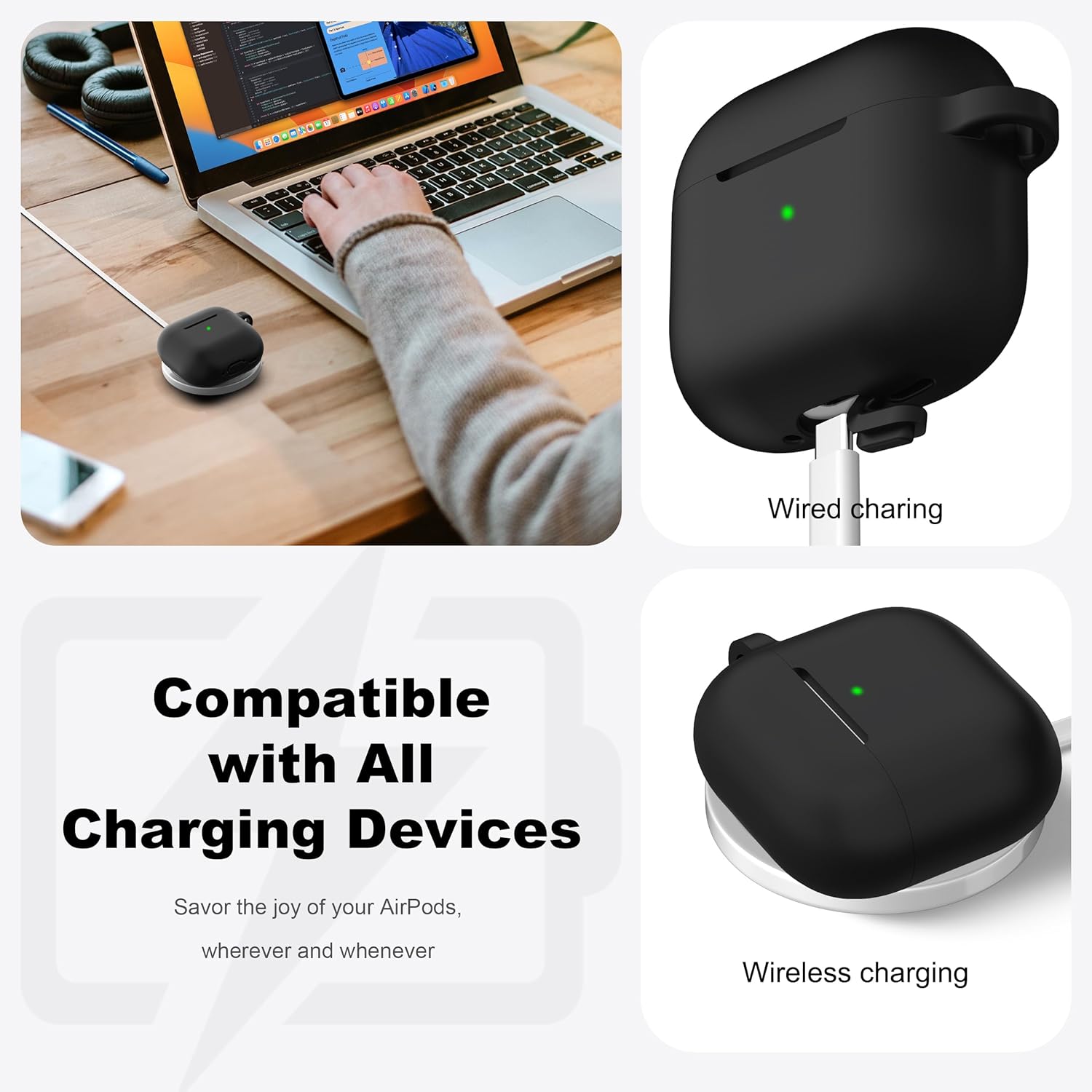 R-fun Custodia Morbida Silicone per Airpods 4th, Nero - immagine 3