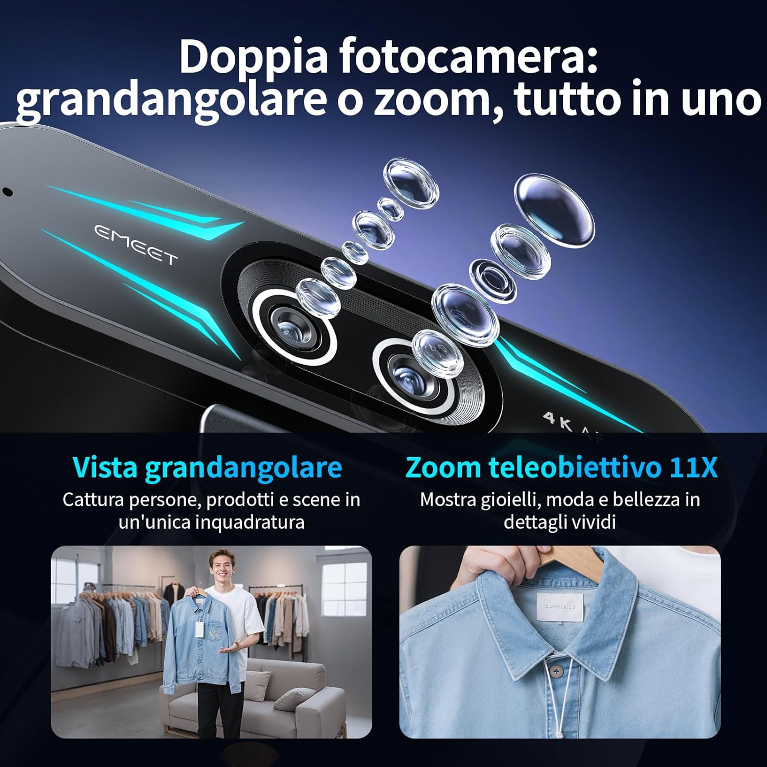 Emeet Webcam 4K con Doppia Fotocamera e Zoom 11X - immagine 3
