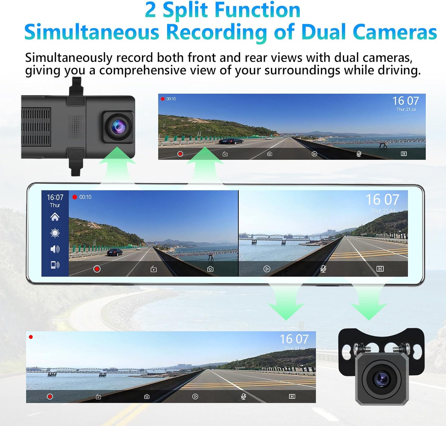 Podofo Specchio Telecamera Auto 11,26" IPS Touchscreen - immagine 4