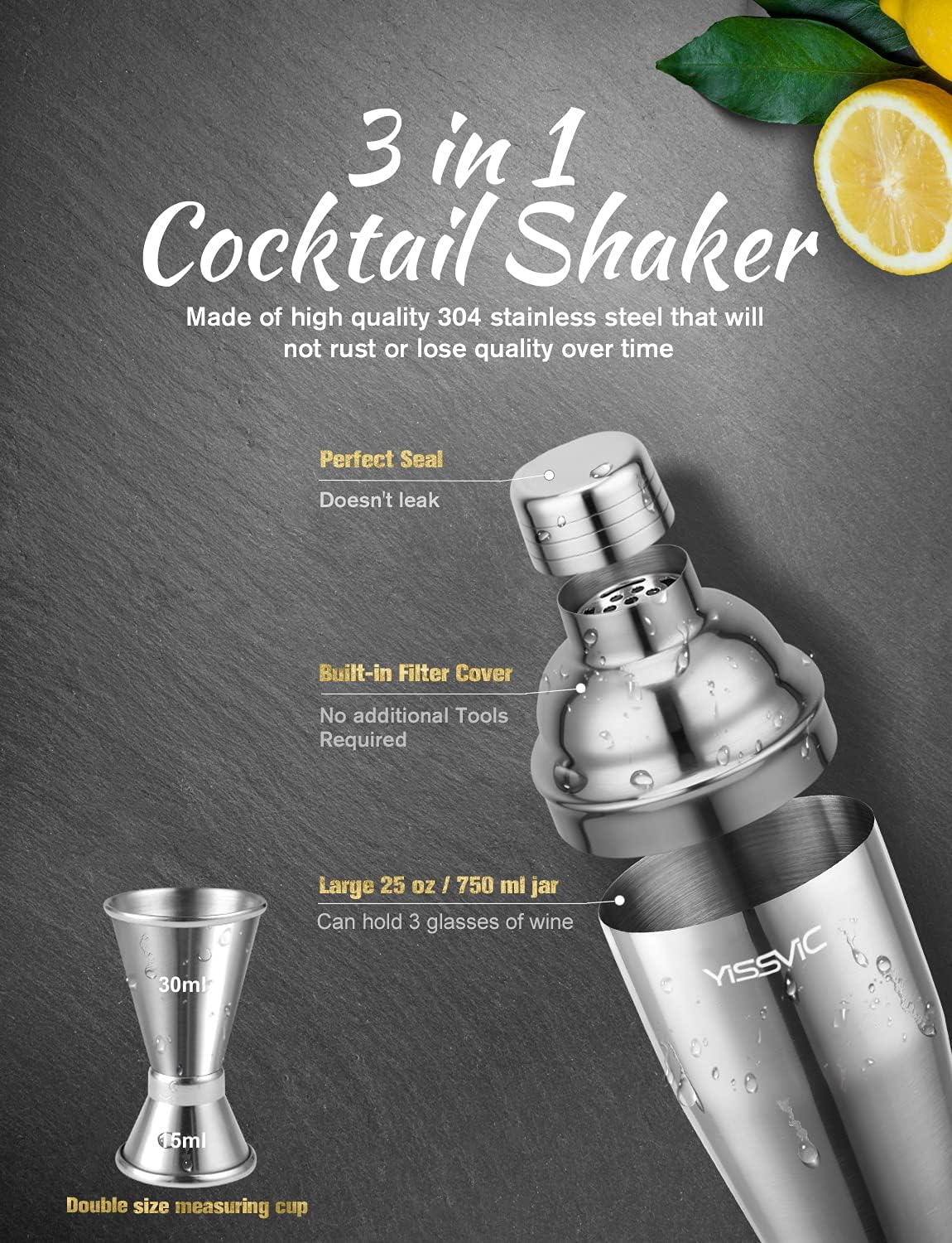 Yissvic Shaker Cocktail Set 22 Pezzi Acciaio Inox 750ml - immagine 11