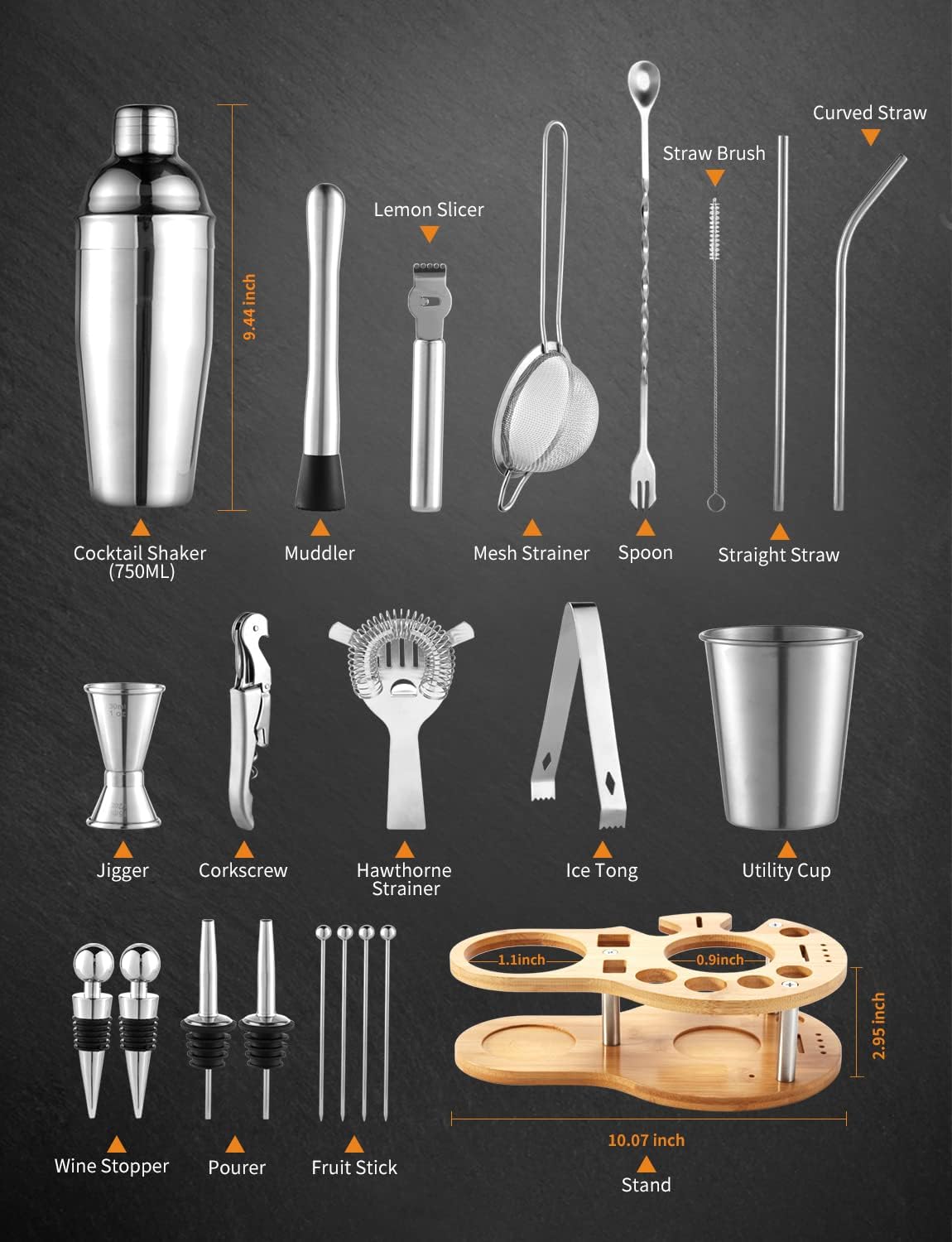 Yissvic Shaker Cocktail Set 22 Pezzi Acciaio Inox 750ml - immagine 2