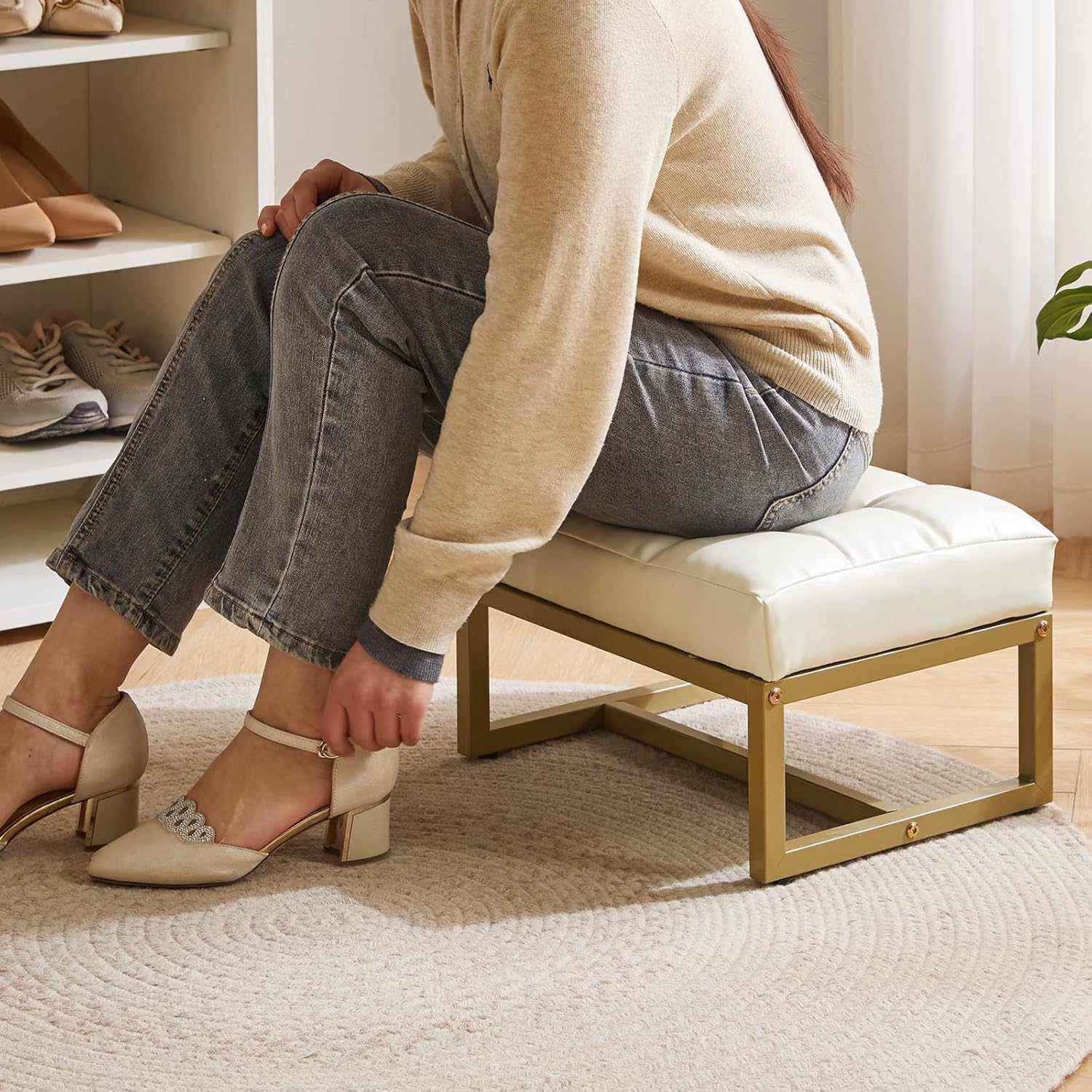 Piccolo Poggiapiedi Rettangolare in Ecopelle, Bianco - immagine 4