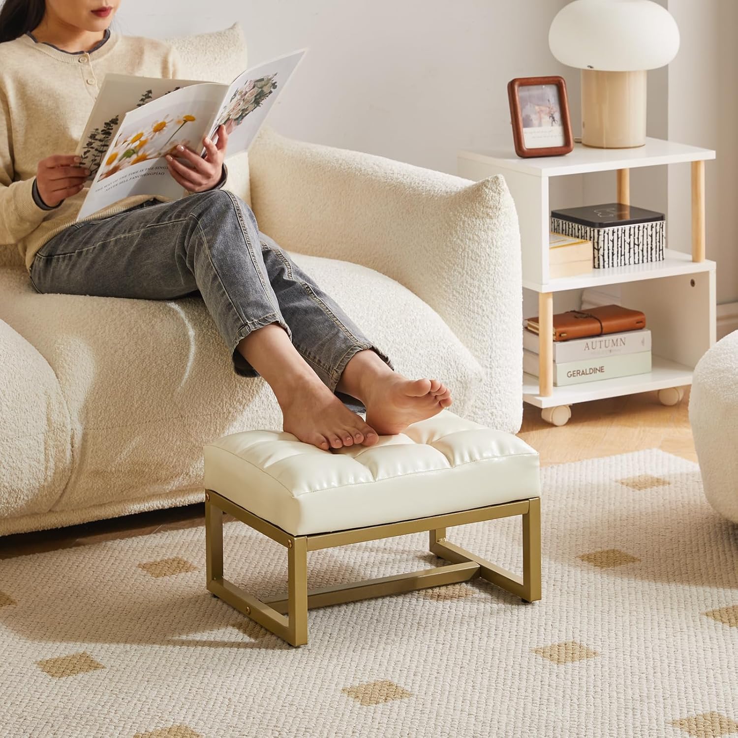 Piccolo Poggiapiedi Rettangolare in Ecopelle, Bianco - immagine 6