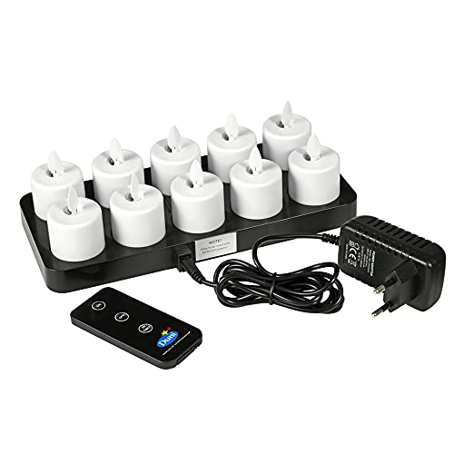 DUNI Set di 10 LED da 38 x 36 mm, ricaricabile, luce bianca calda, 25 ore, colore: Bianco