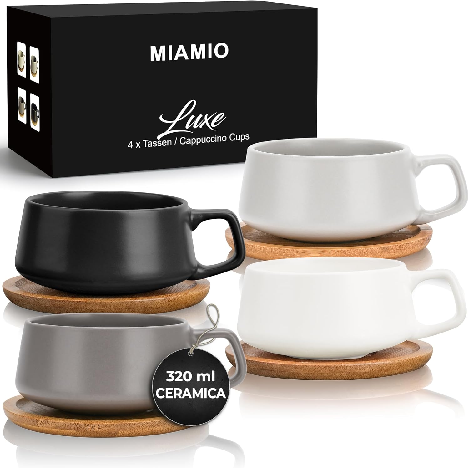Miamio Set 4 Tazze da Caffè 320ml con Piattini Luxe, Beige Pastello