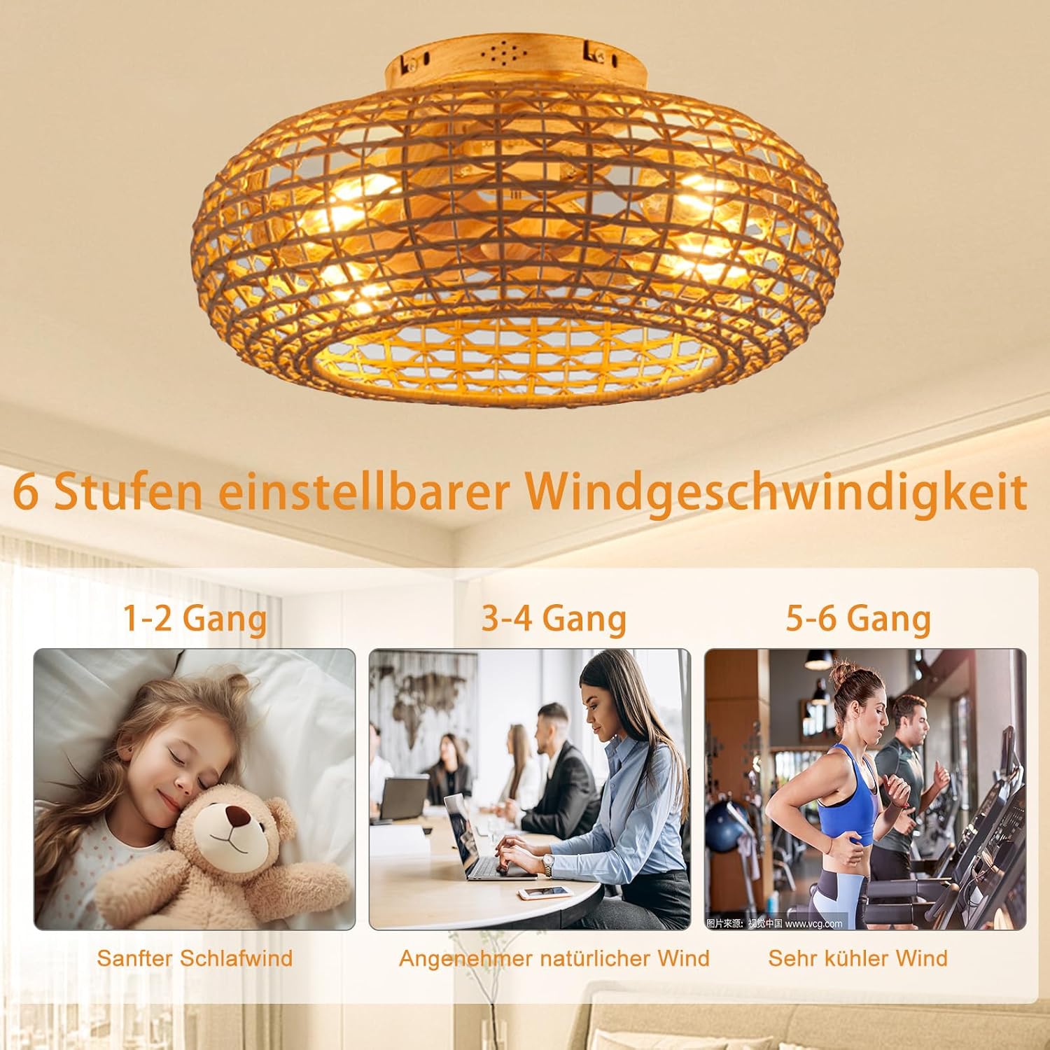 Ventilatore da Soffitto con Illuminazione Rattan E27 - immagine 4