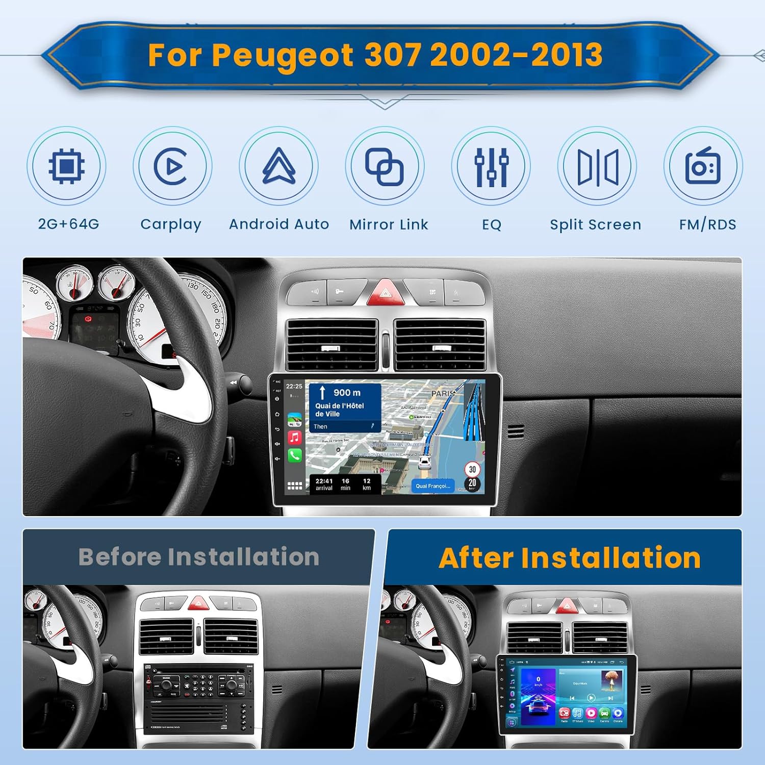 Inefala Autoradio Android 13 per Peugeot 307 9 Pollici - immagine 2