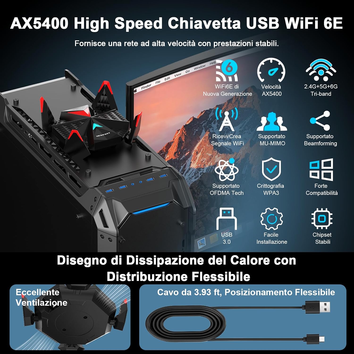 Newfast Chiavetta WiFi 6E USB Tri-Band 5400Mbps - immagine 5