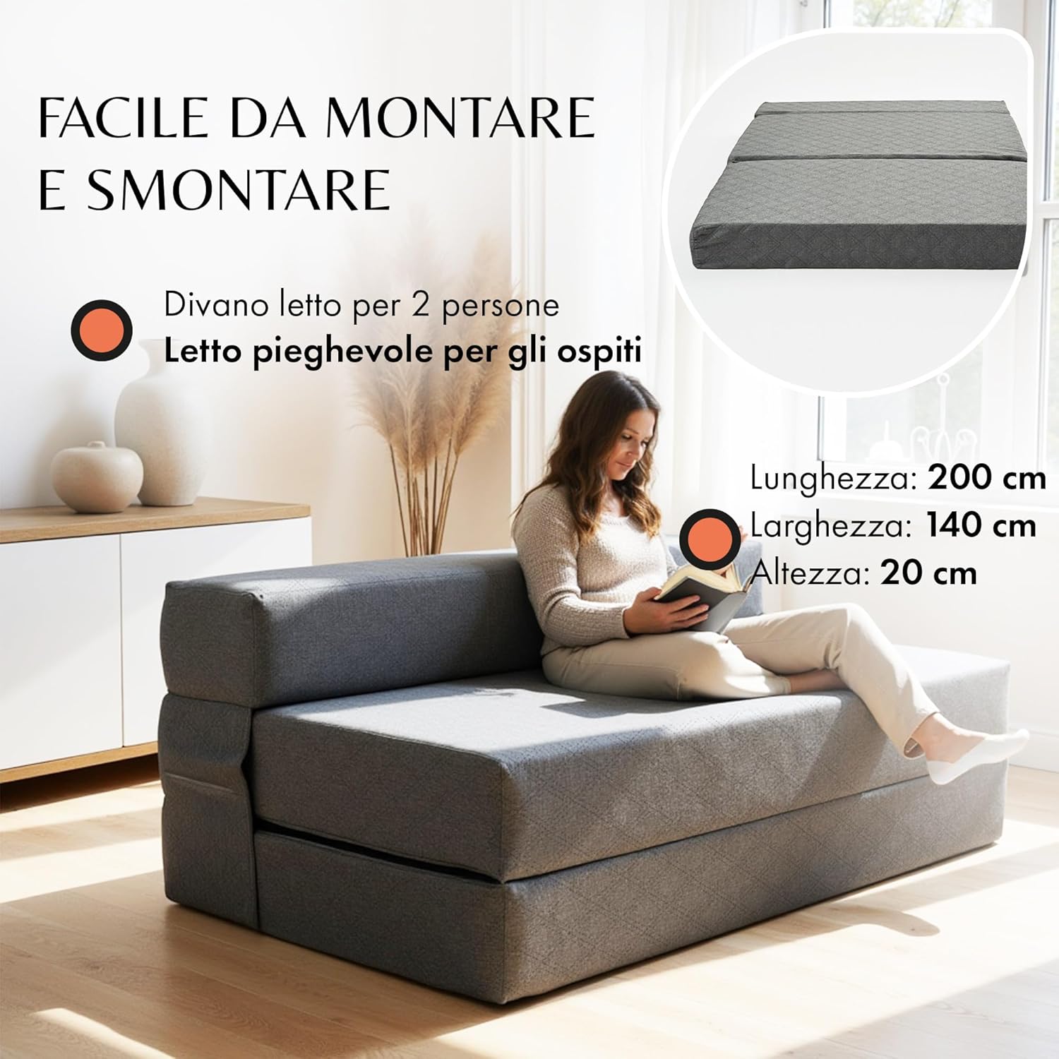 Divano Letto Pieghevole Doppio 140cm con Materasso 20cm - immagine 2