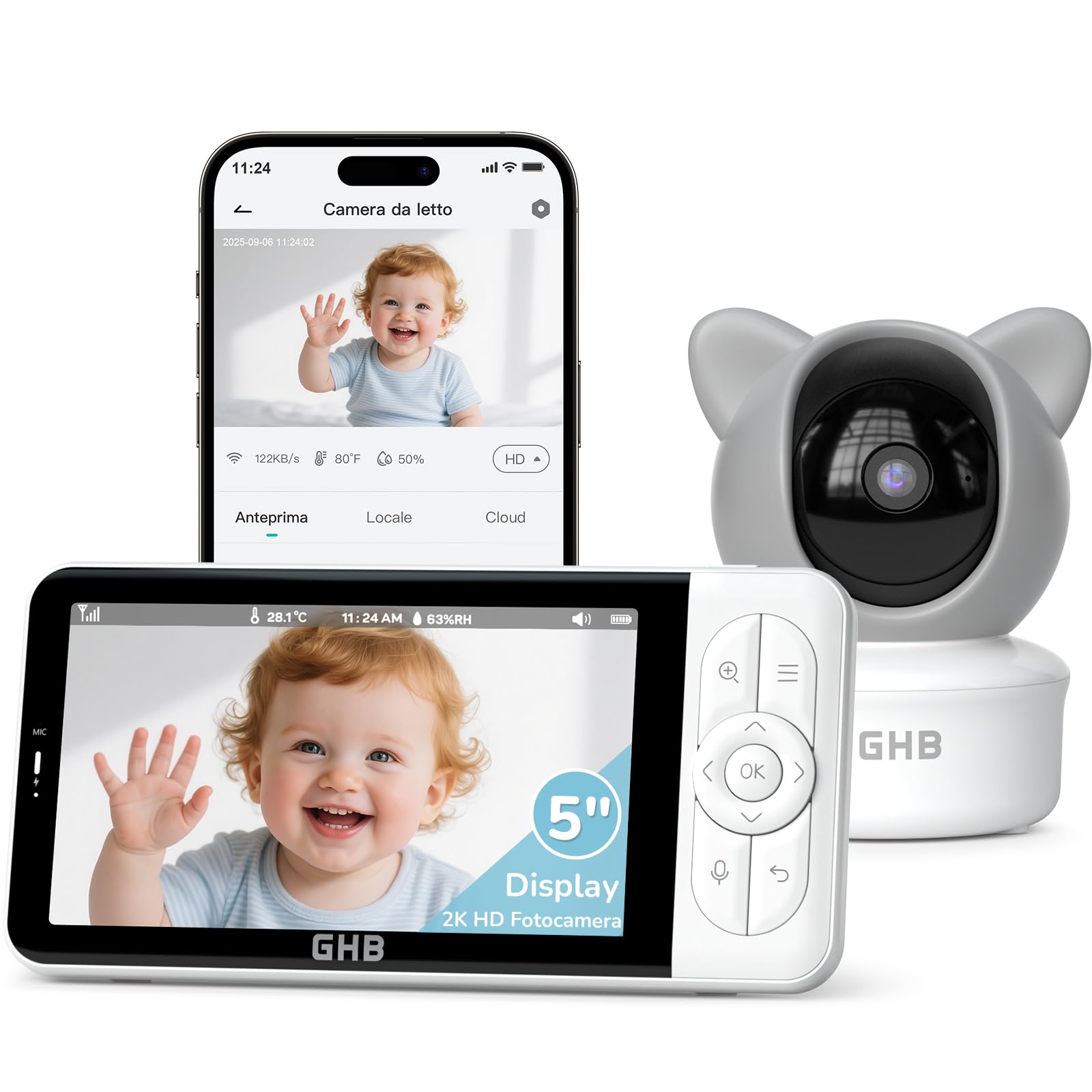 Ghb Baby Monitor Video e Audio 5", Telecamera 2K