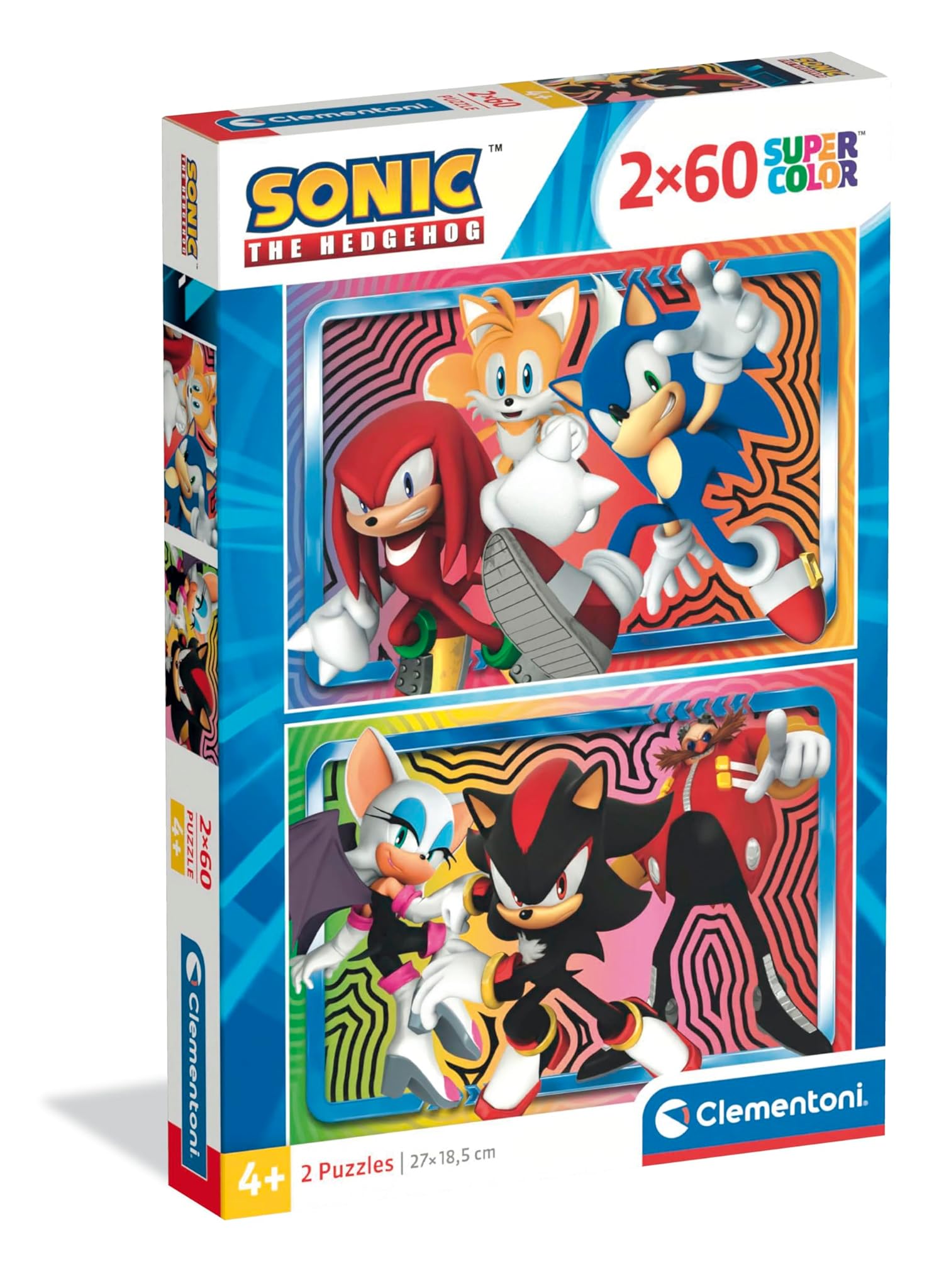 Clementoni - Puzzle per Bambini 2x60 Pezzi Supercolor, per Bambini 4+ Anni, Illustrazione del Cartone Sonic, Idea Regalo, Made in Italy, 27x19 cm, 24821