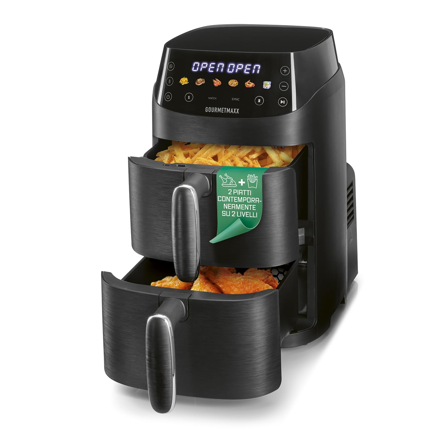 GOURMETmaxx FryUp, friggitrice ad aria calda a doppia camera verticale, XS | Airfryer con display touch a LED MultiColour, friggitrice ad aria calda a 2 camere, volume 5 l (2 x 2,5 l), friggitrice ad