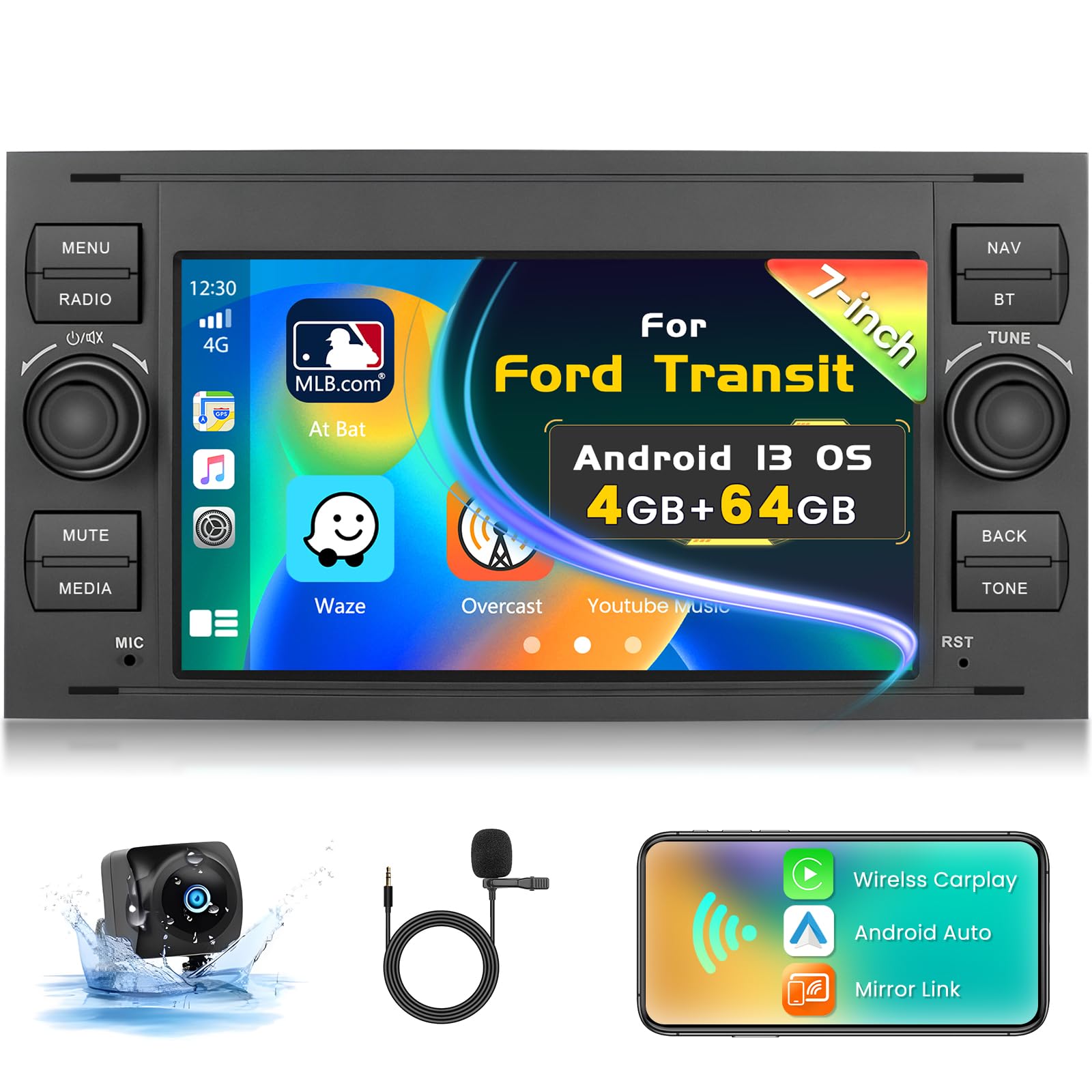 Inefala 4G+64G Autoradio Android 13, 7" Touchscreen Stereo per Ford Transit Fiesta Focus Galaxy Mondeo Fusion Kuga Radio 2 Din con Wireless CarPlay e Android Auto WiFi BT RDS FM SWC MIC Retrocamera
