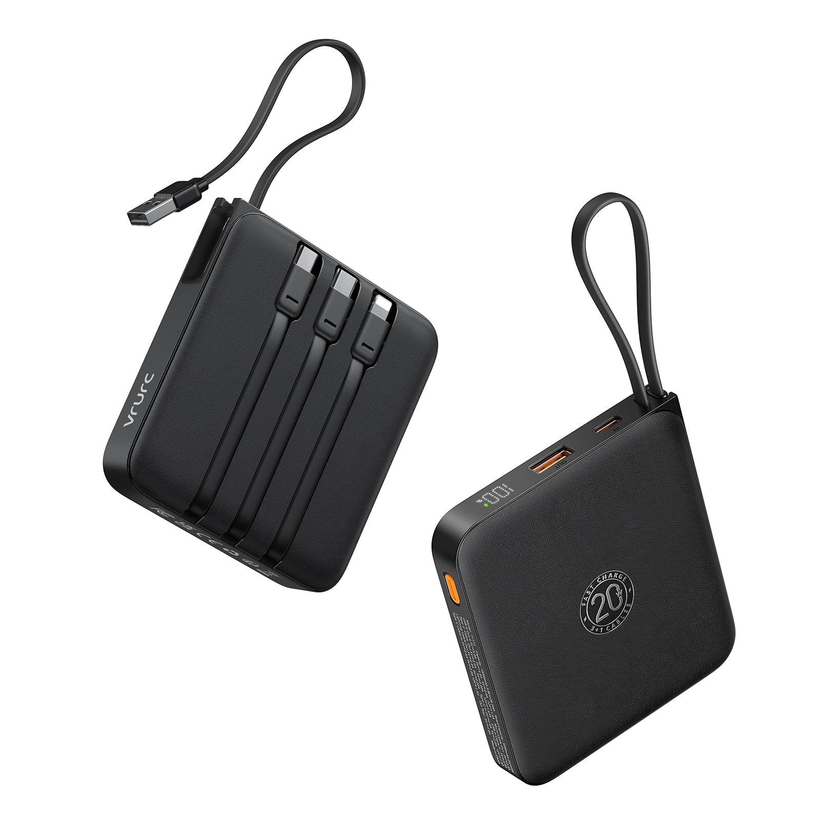 Vrurc Power Bank 20000mAh con Cavi Integrati, Nero