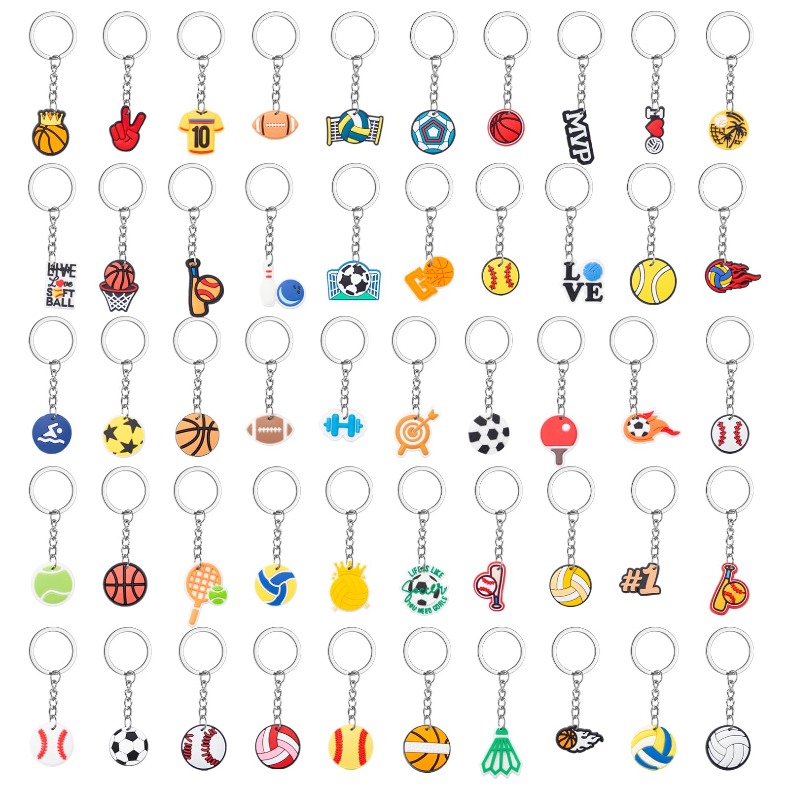 50 Pezzi Portachiavi Sportivi per Bambini Mini Portachiavi Gadget Basket Baseball Pallavolo Calcio Portachiavi Cartoni in PVC per Feste Compleanno Bambini,Scuola Eventi Sportivi